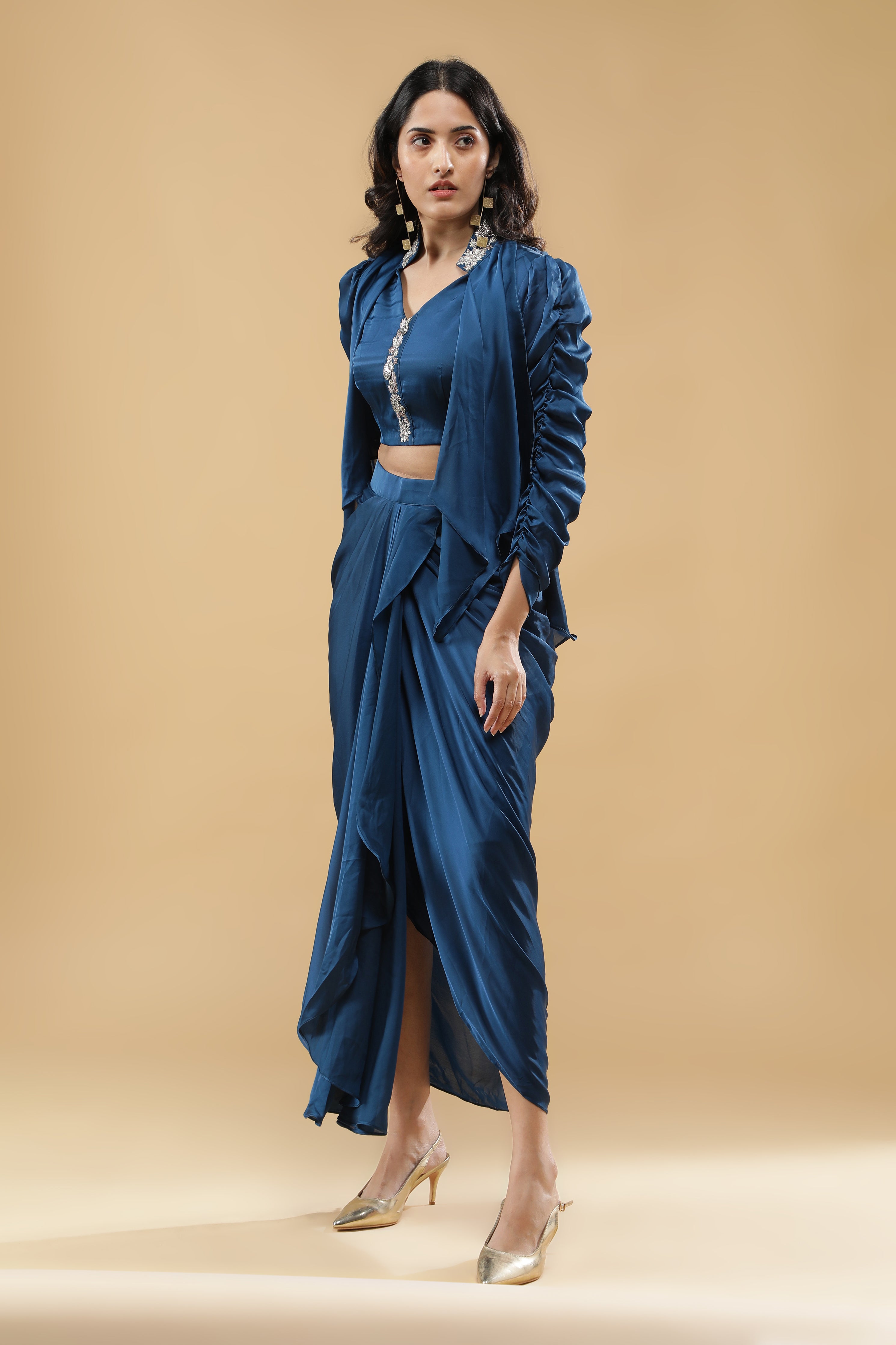 Blue Satin Silk Indo-Western Set