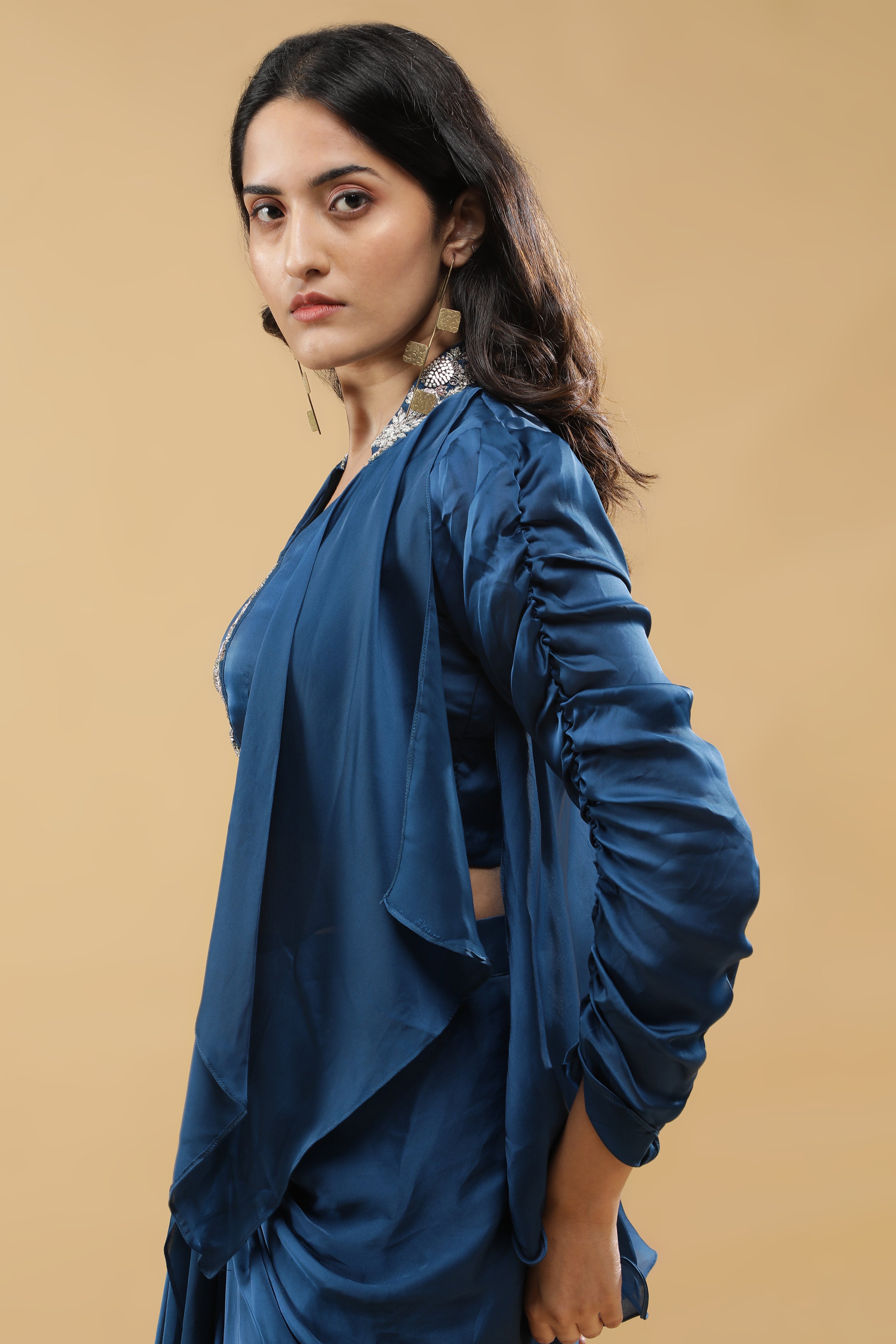 Blue Satin Silk Indo-Western Set