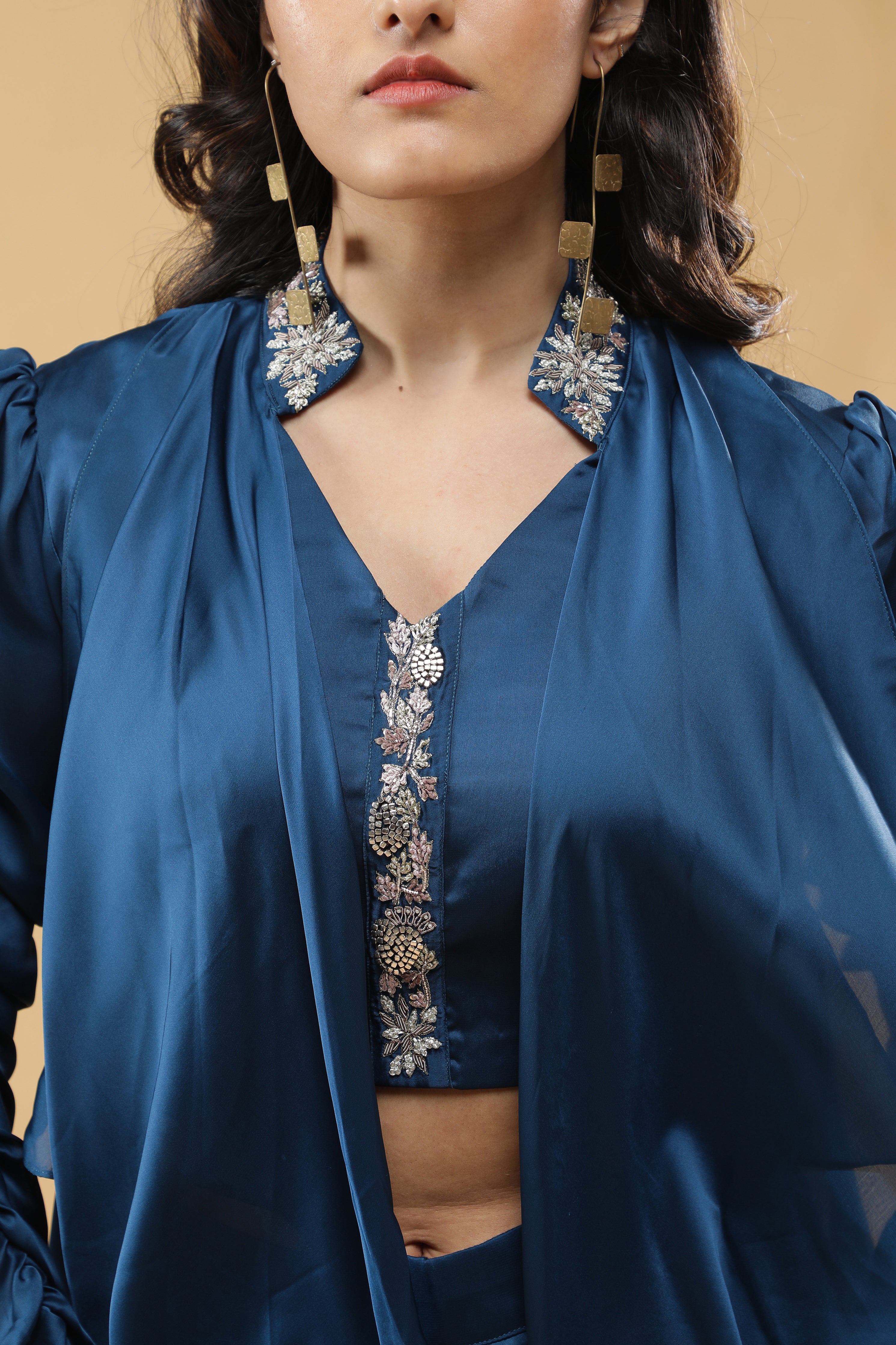 Blue Satin Silk Indo-Western Set