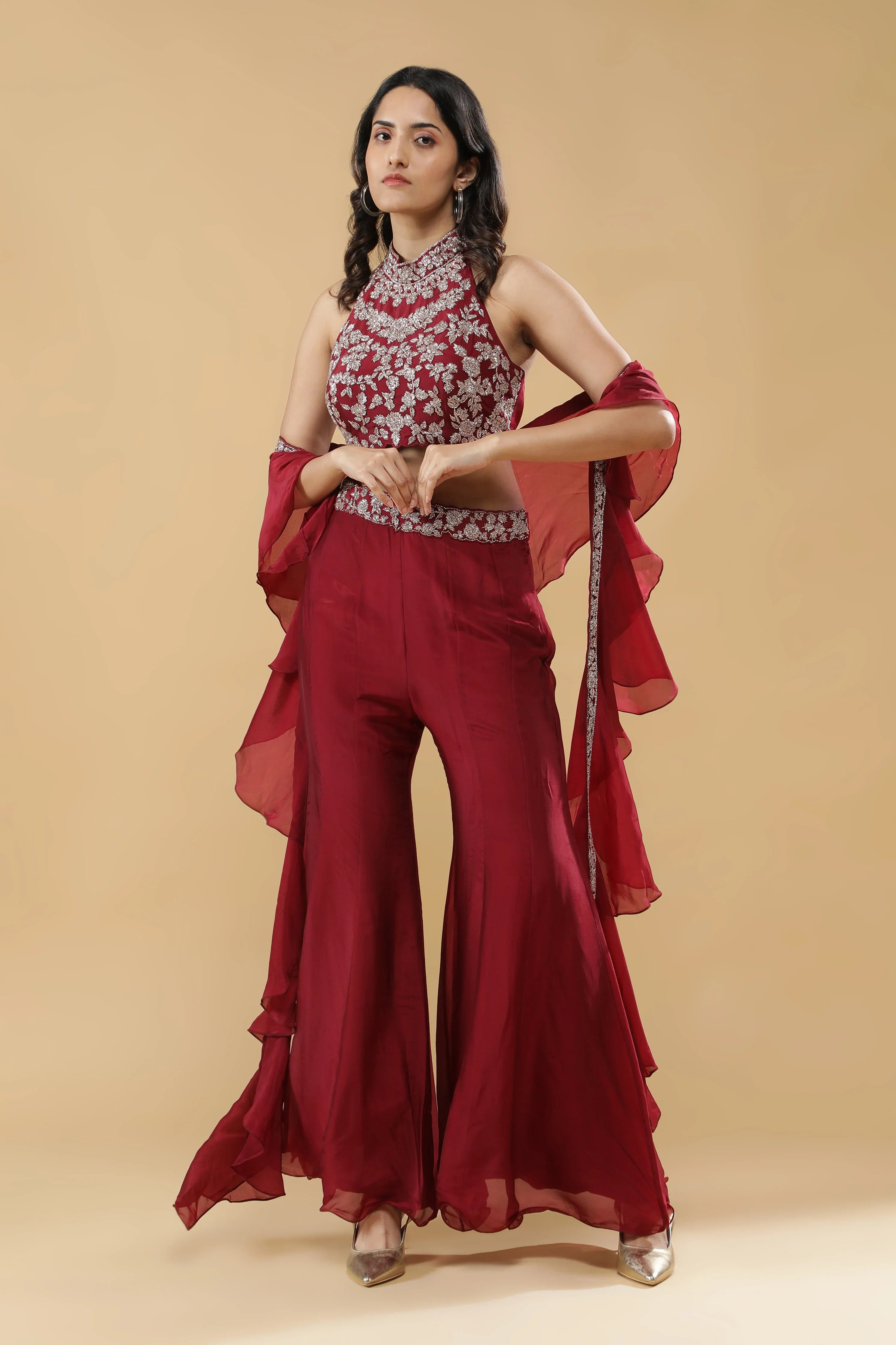 Maroon Organza Palazzo Set | Mokshaa