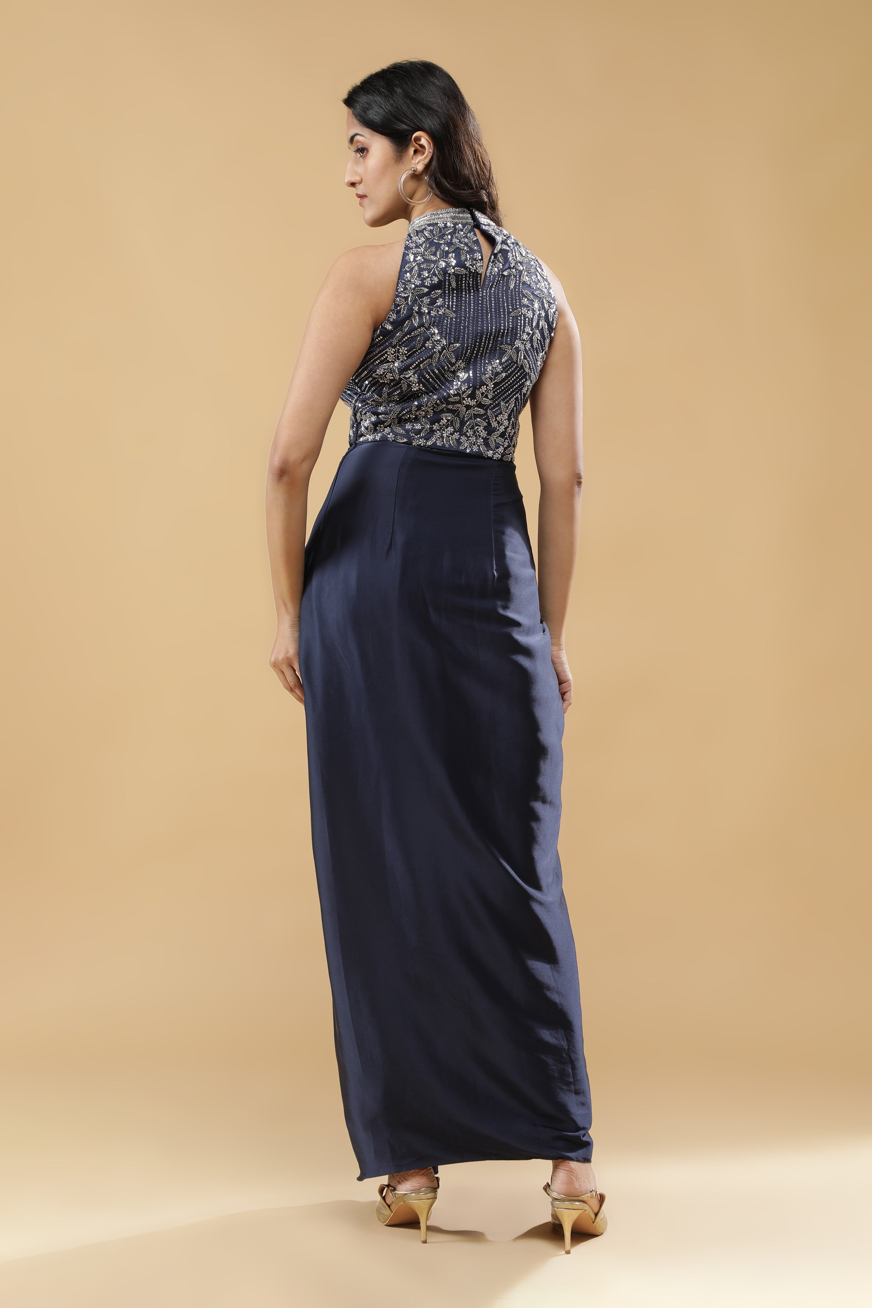 Navy Blue Satin Silk Drape Gown