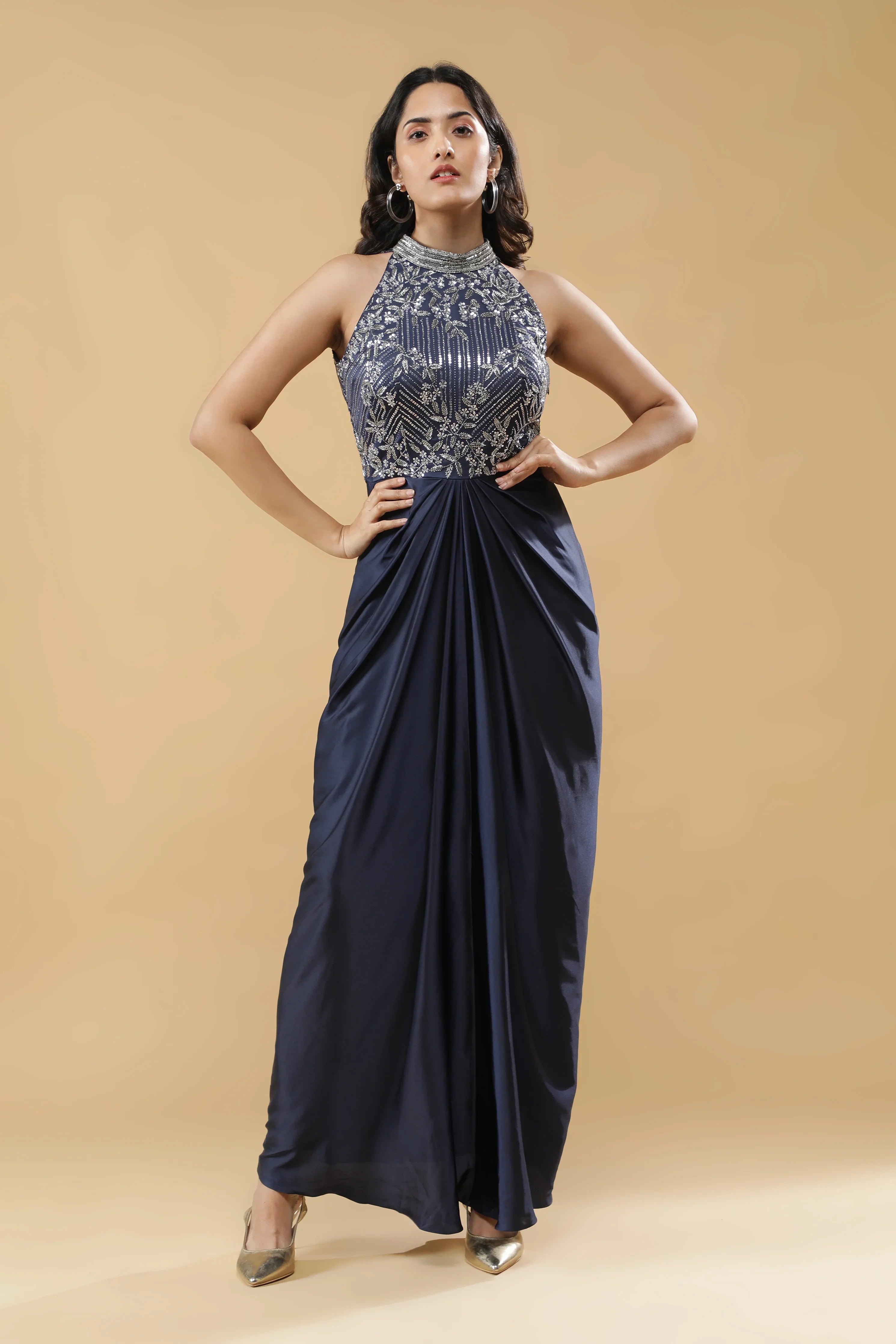 Navy Blue Satin Silk Drape Gown | Mokshaa