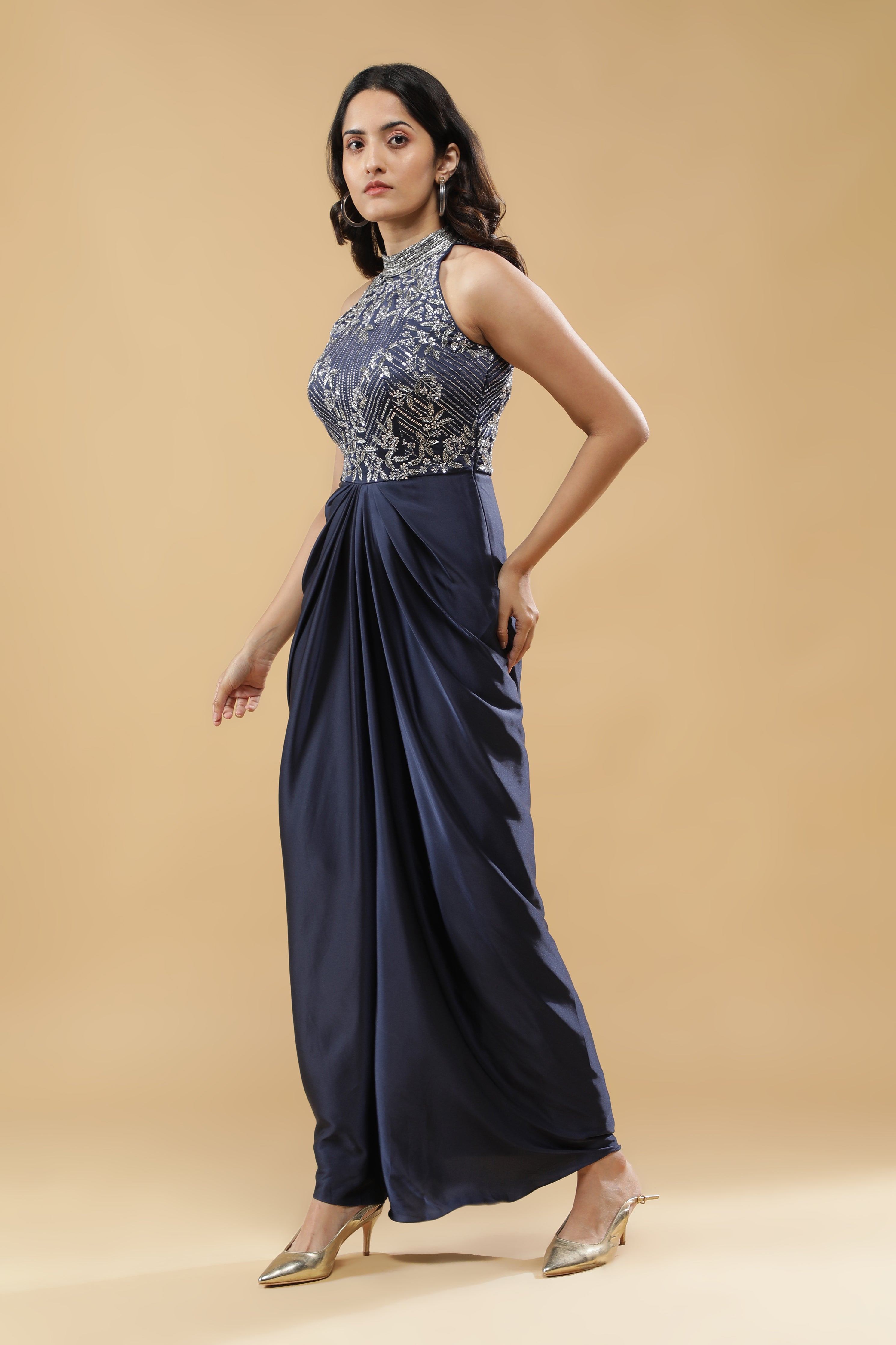 Navy Blue Satin Silk Drape Gown
