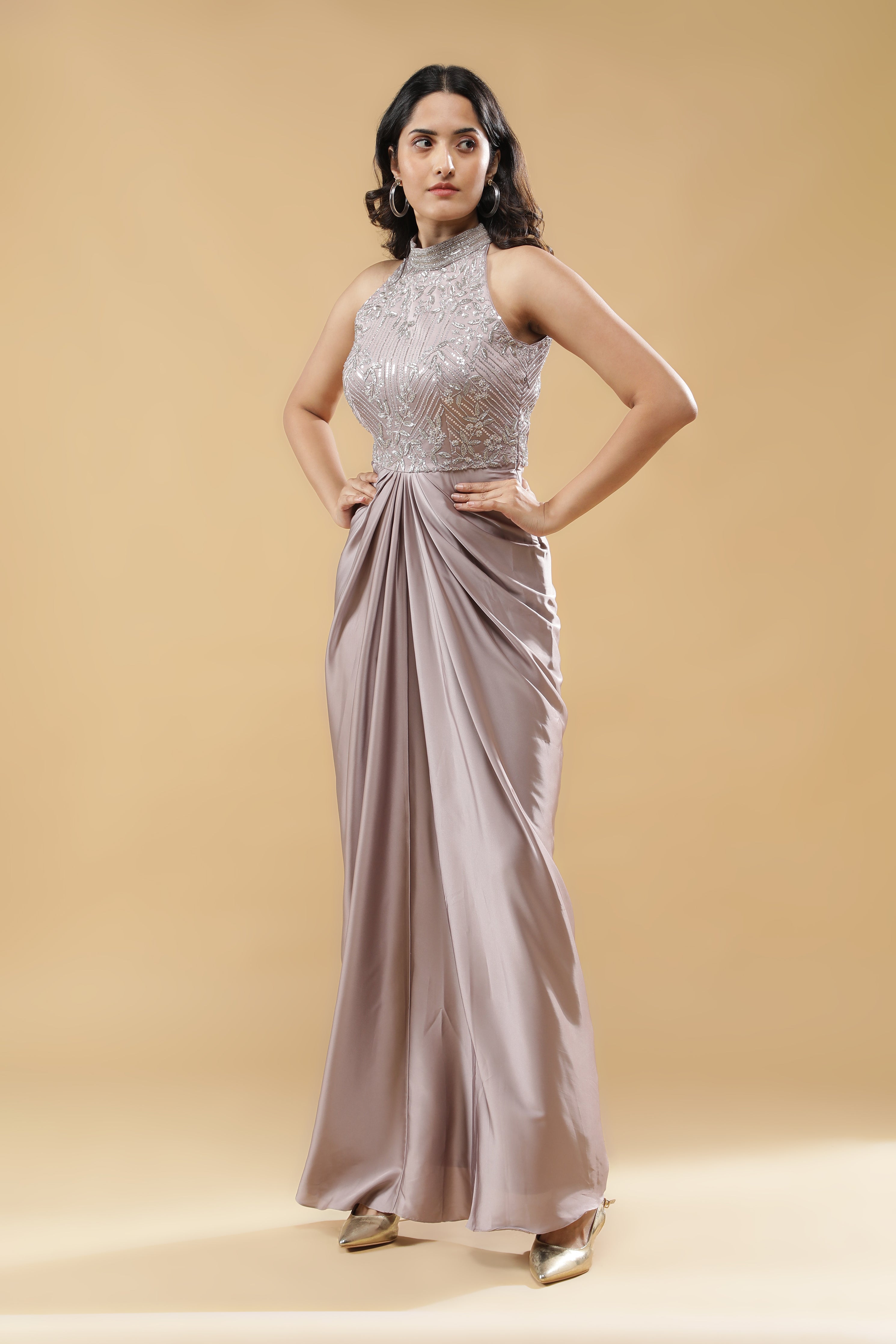Lilac Satin Silk Drape Gown