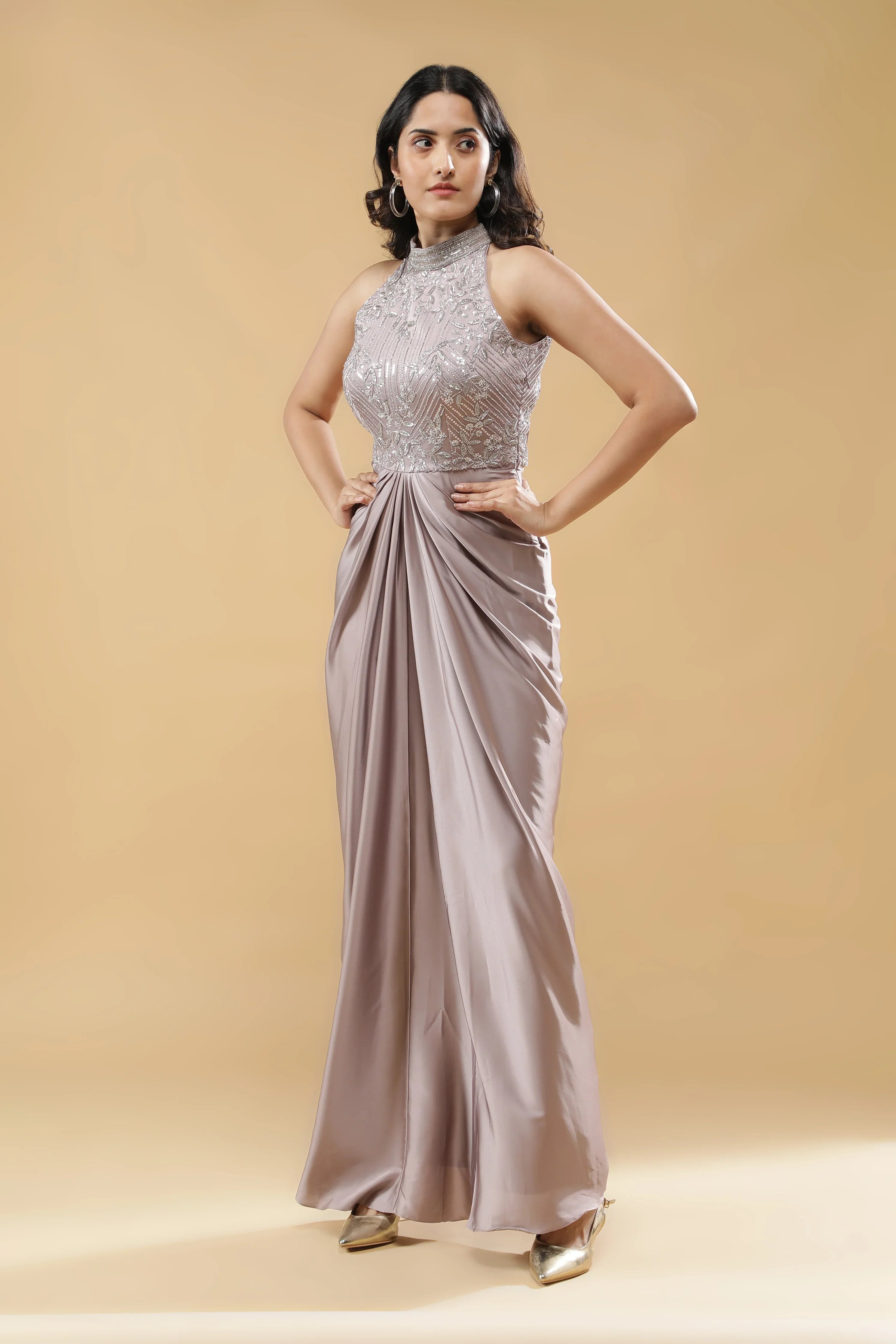 Lilac Satin Silk Drape Gown | Mokshaa