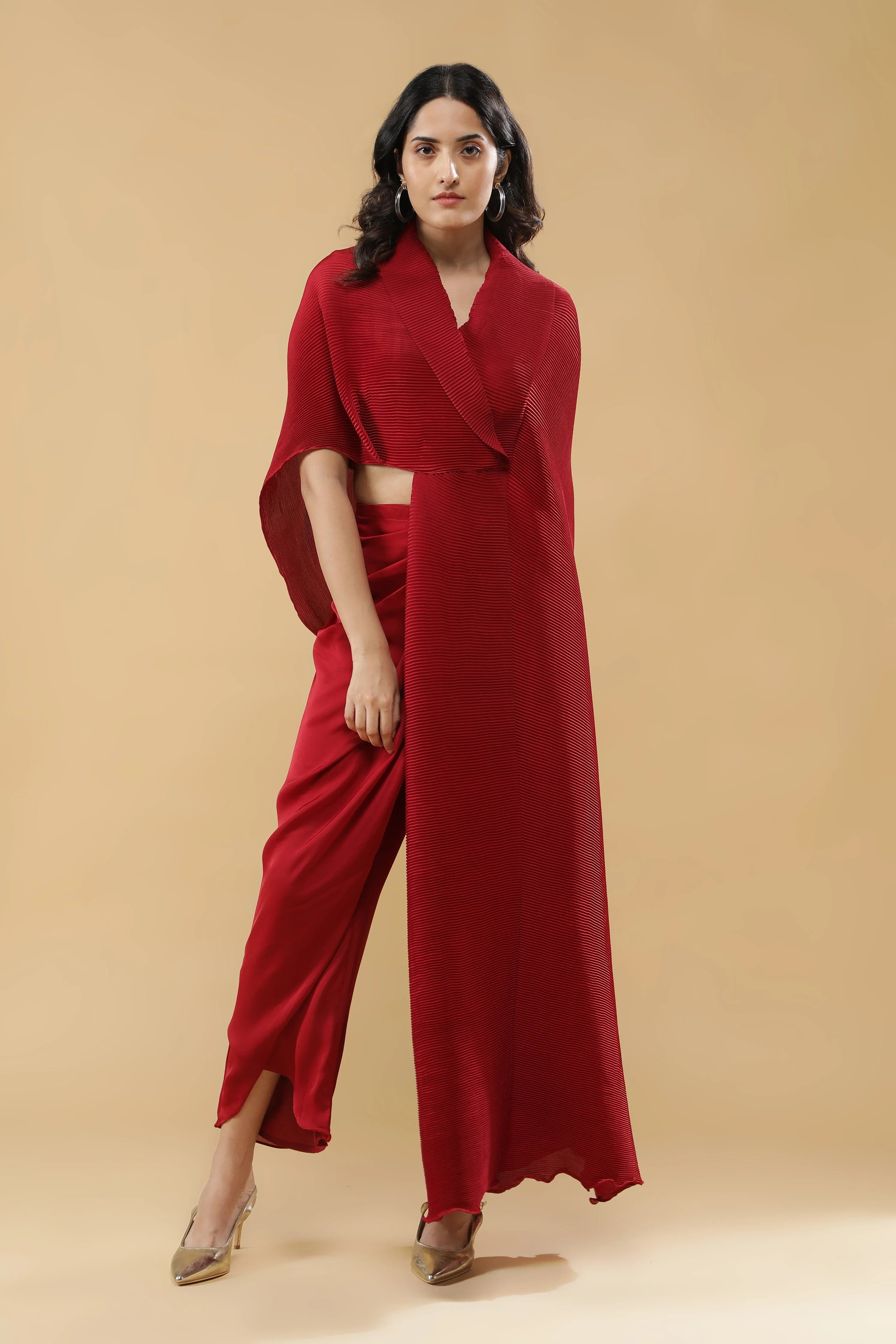 Red Pleated Indo-Western Set | Mokshaa