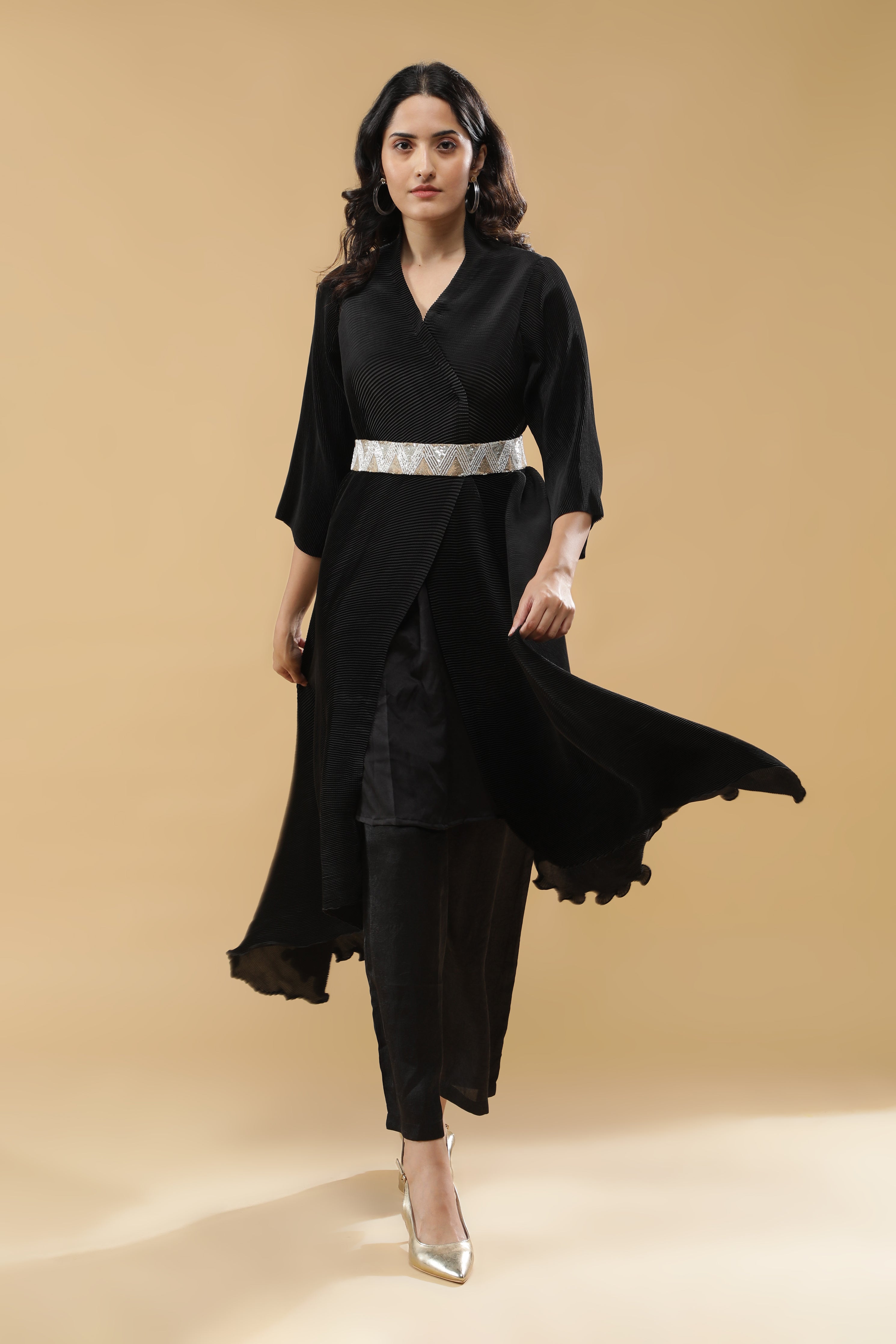 Black Pleated Kurta Set with Embroidered Belt