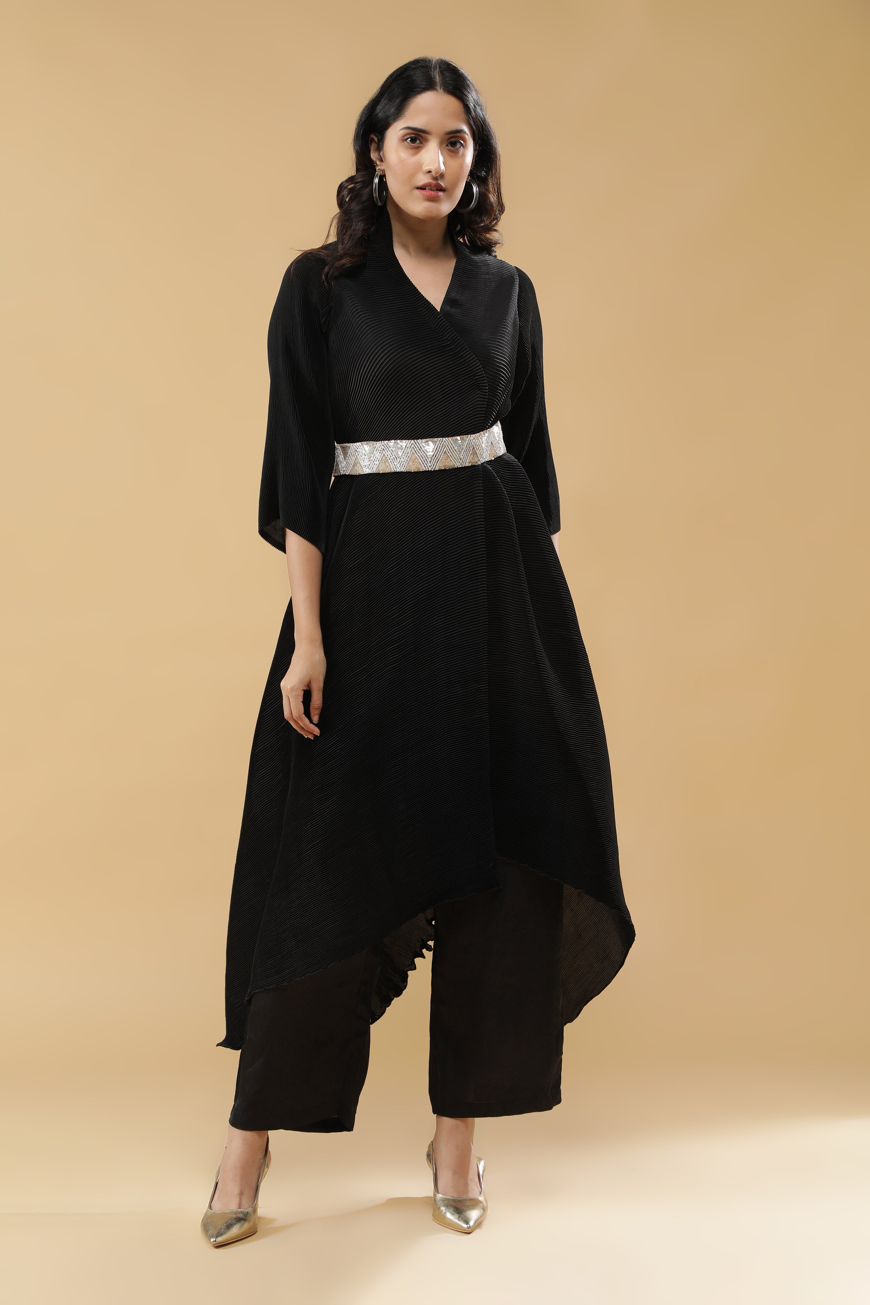 Black Pleated Kurta Set with Embroidered Belt