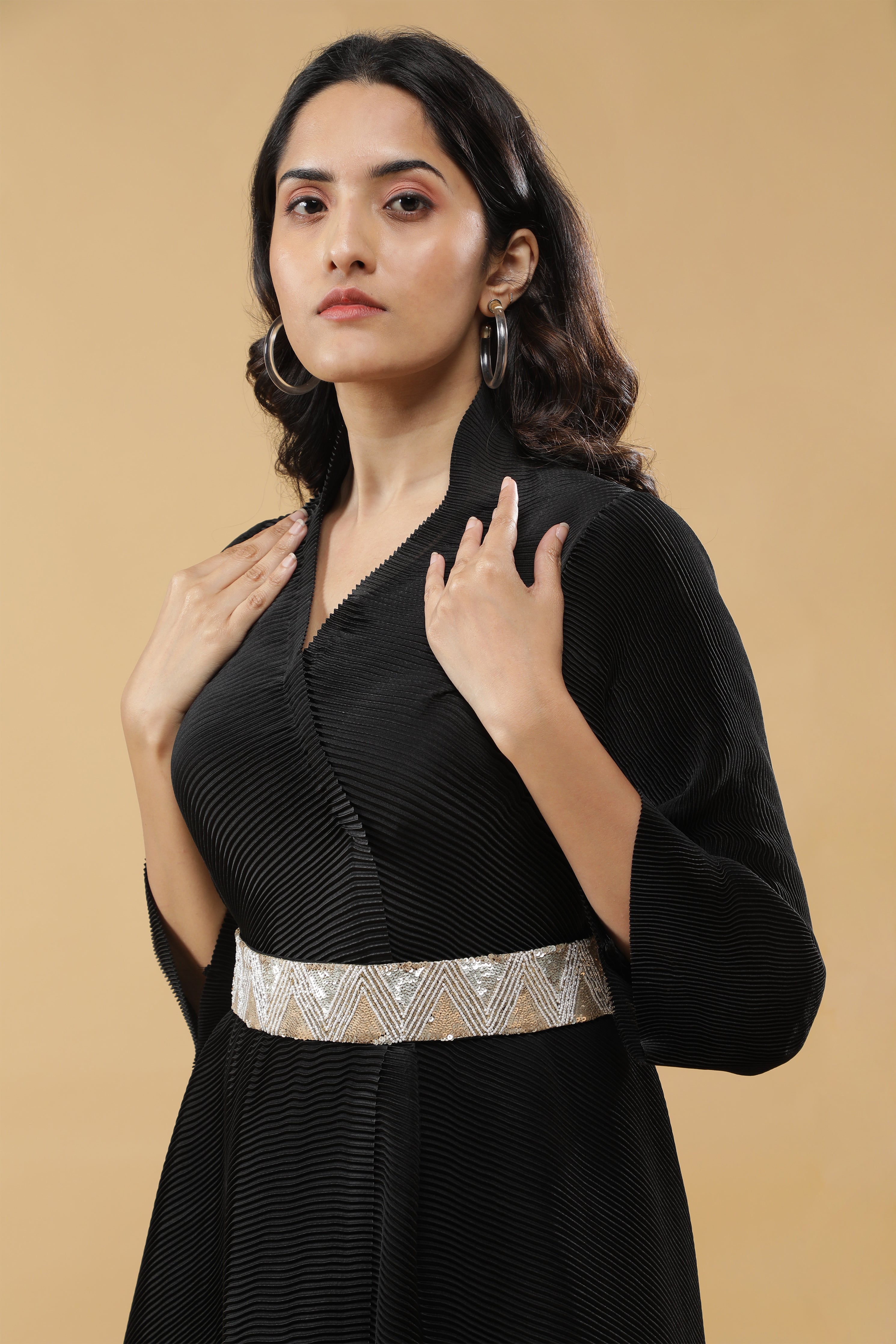Black Pleated Kurta Set with Embroidered Belt