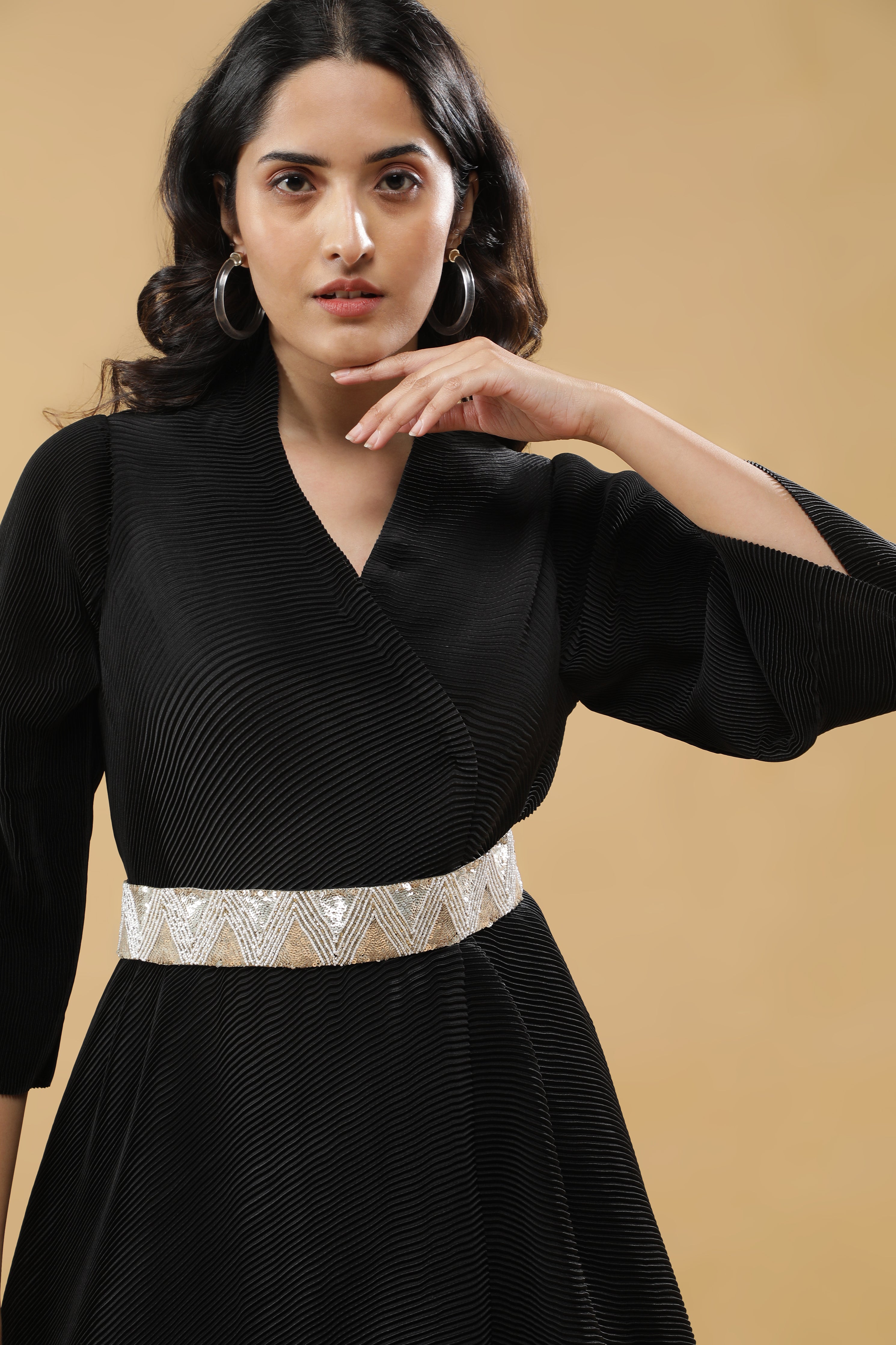 Black Pleated Kurta Set with Embroidered Belt