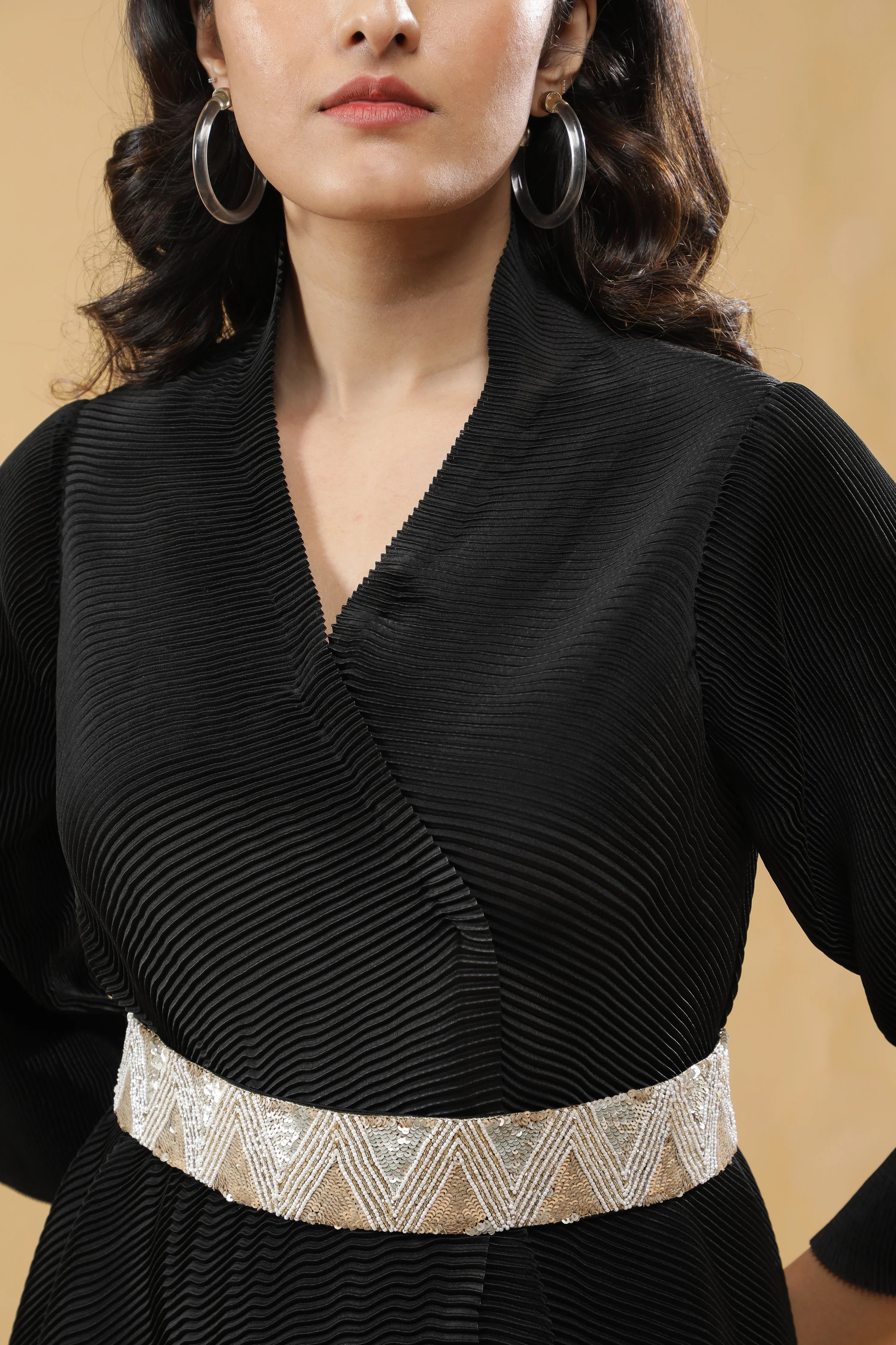 Black Pleated Indowestern Set with Embroidered Belt - Mokshaa