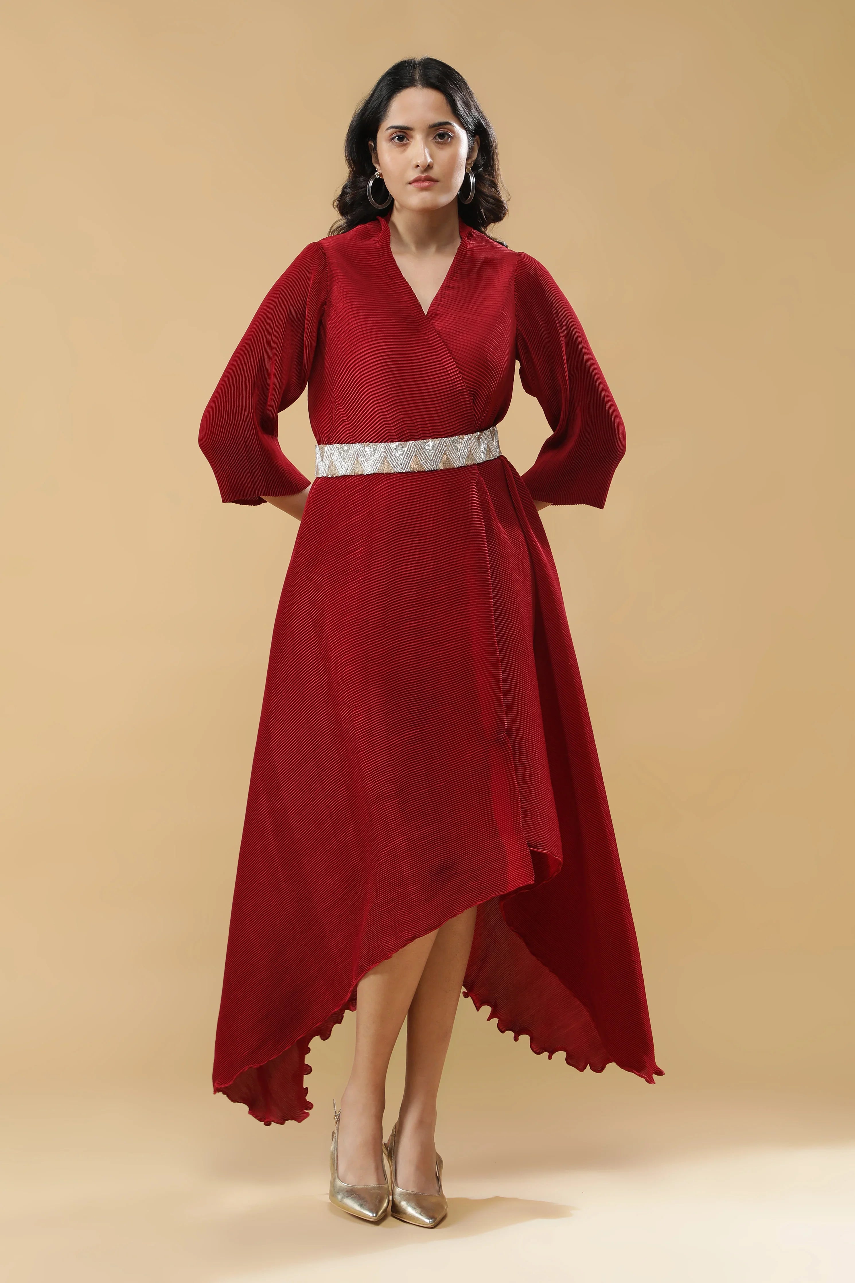Red Pleated Dress with Embroidered Belt | Mokshaa
