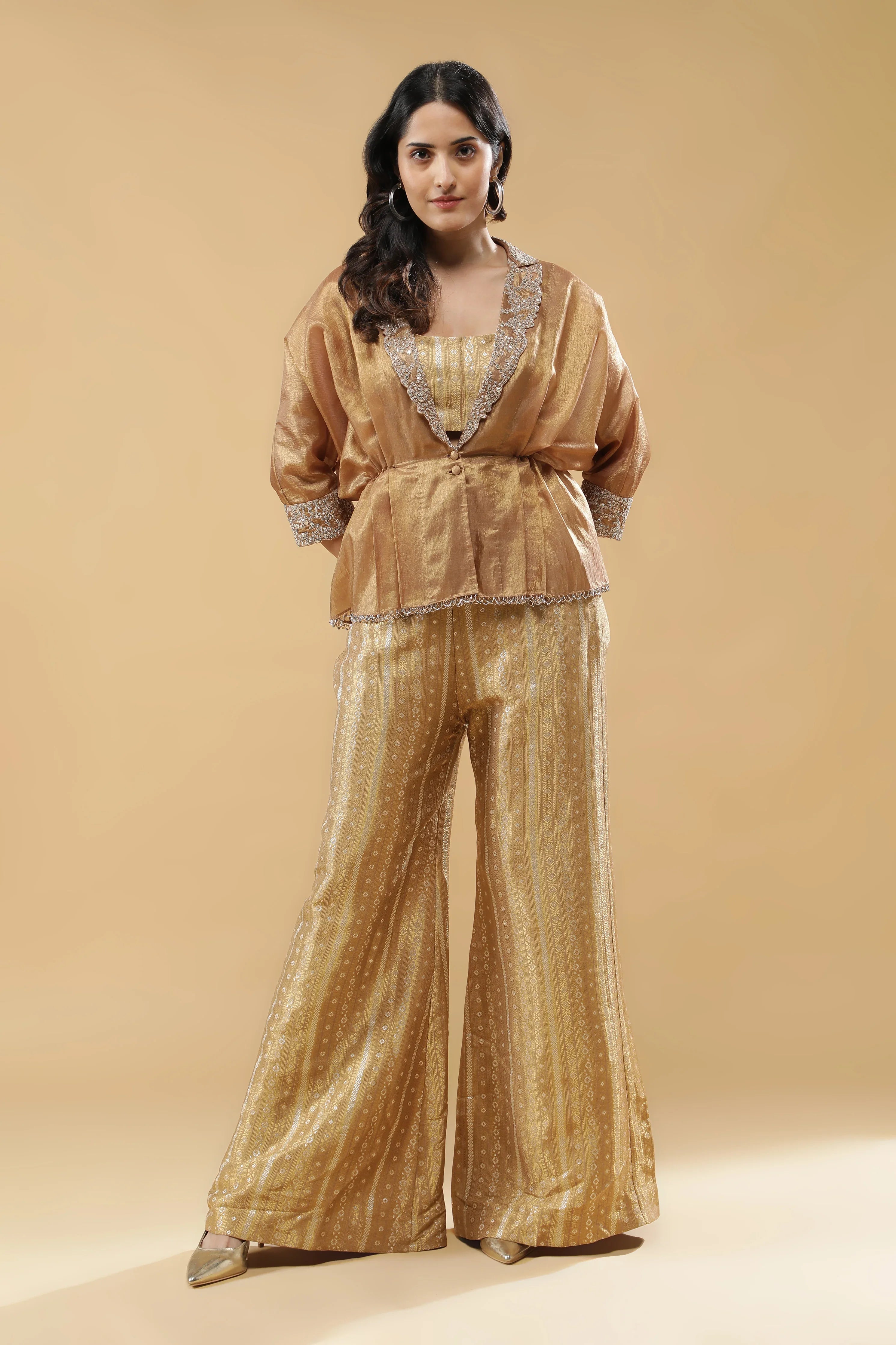 Metallic Gold Tissue Jacket Set | Mokshaa