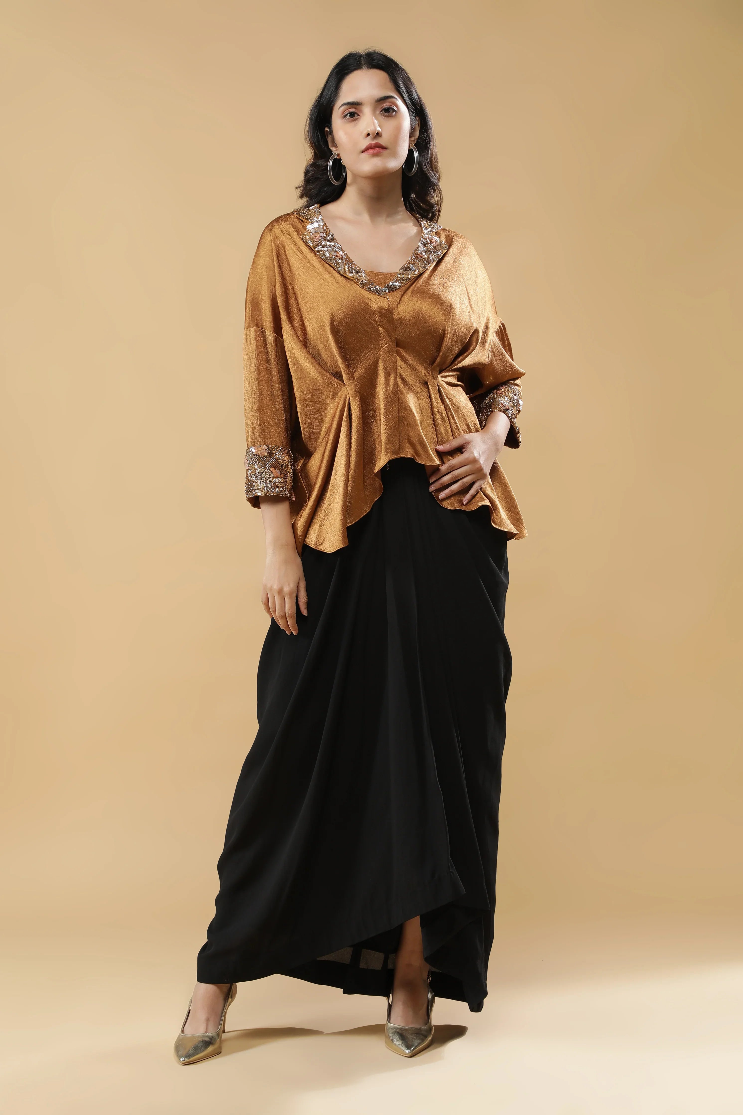 Golden Crushed Silk Top with Black Drape Skirt | Mokshaa