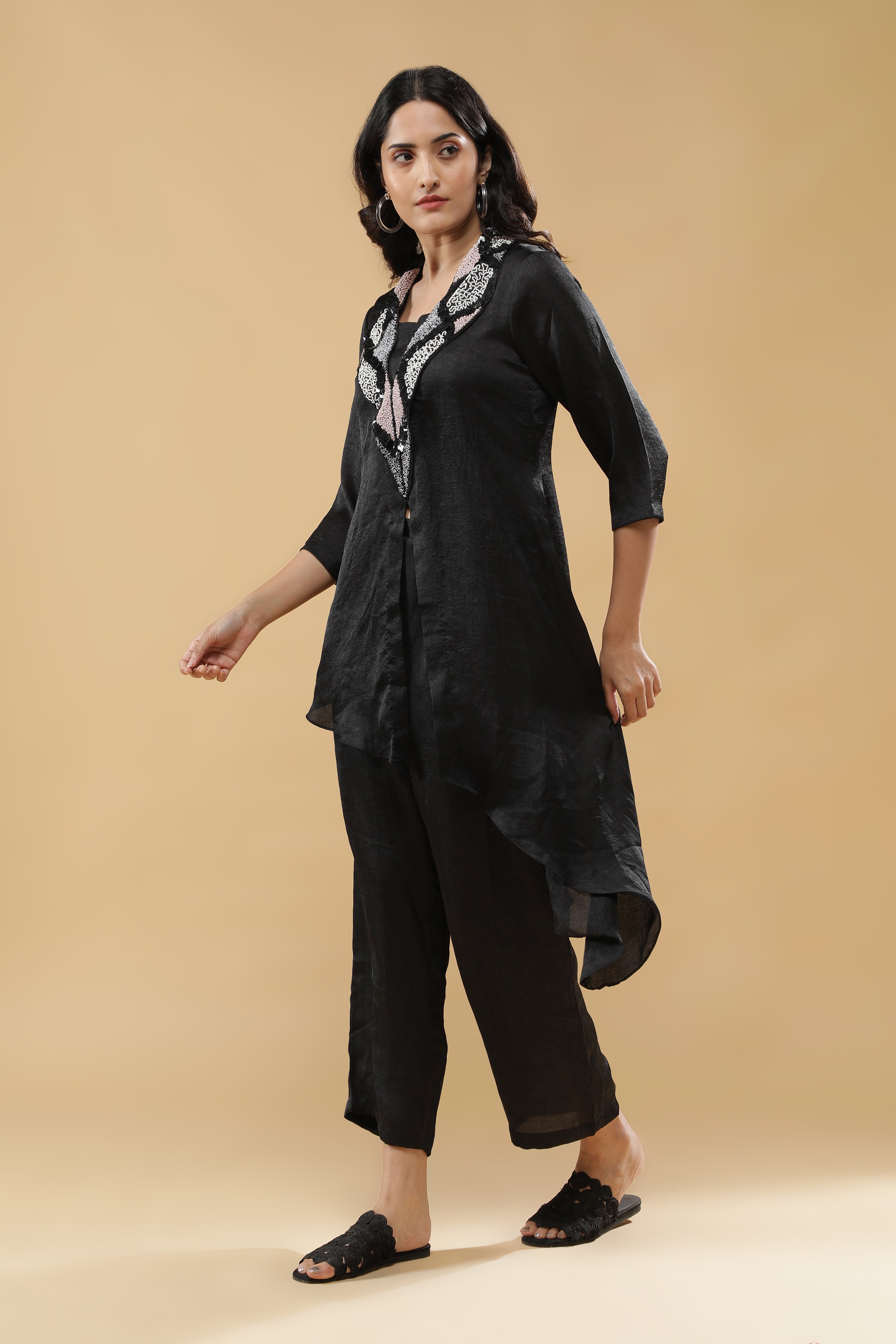 Black Crushed Silk Indo-Western Set