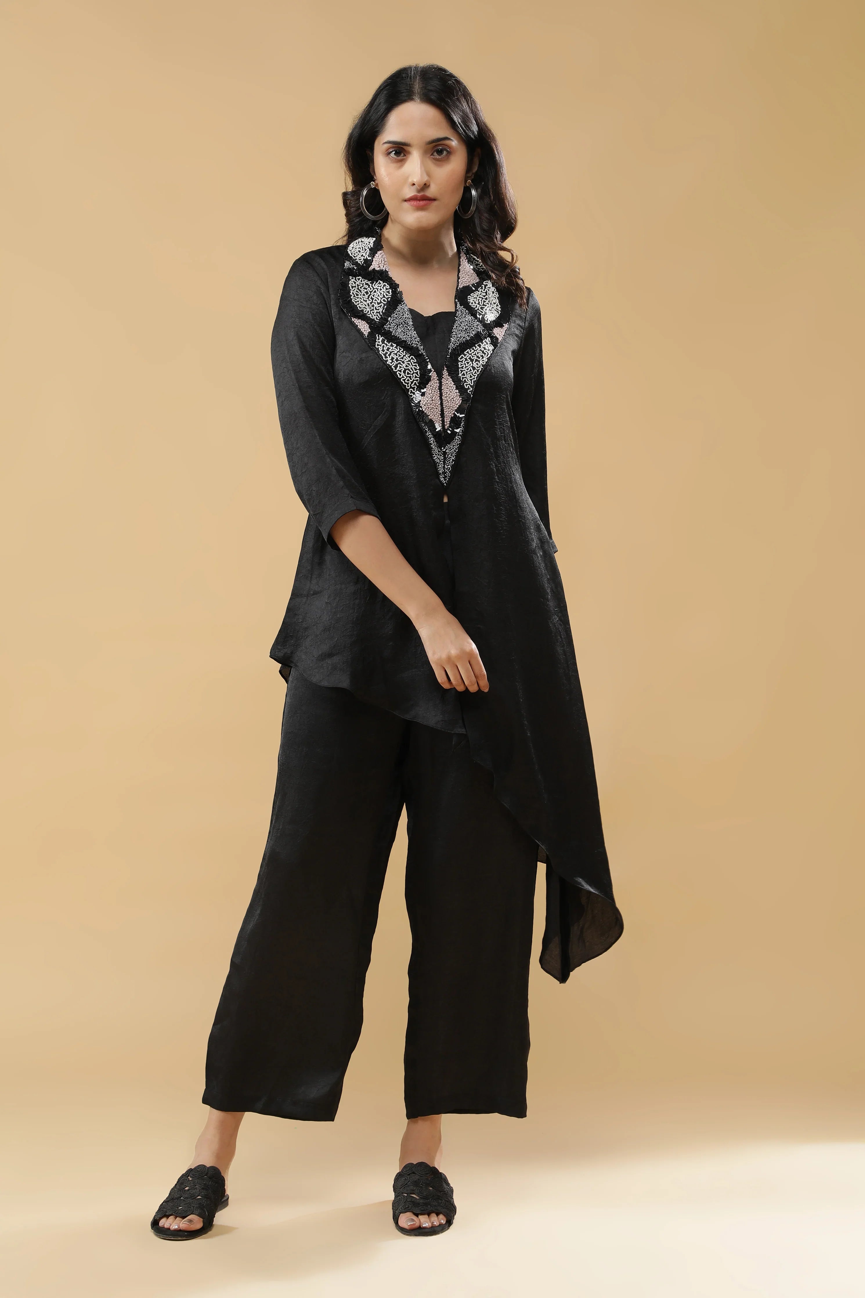 Black Crushed Silk Indo-Western Set | Mokshaa