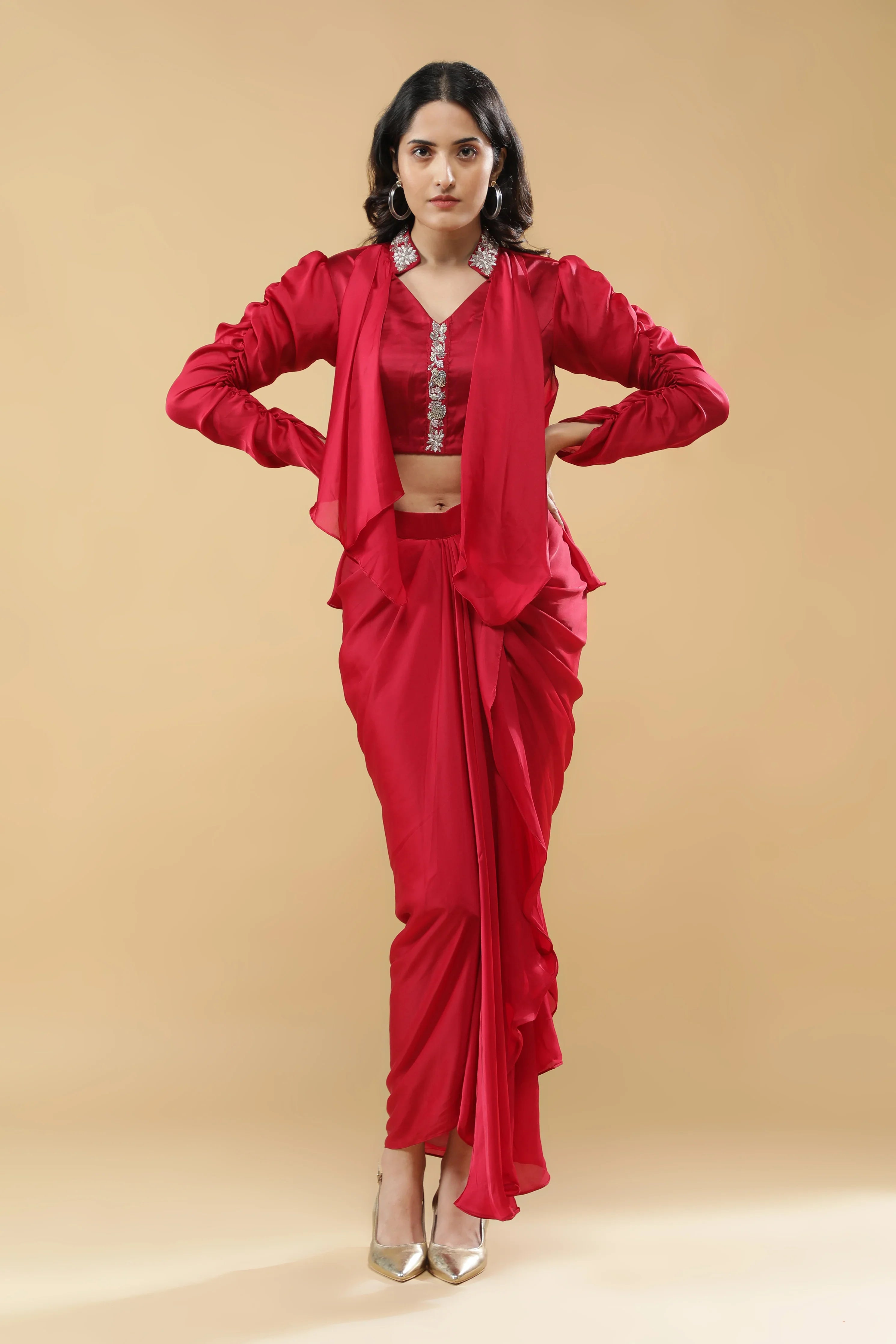 Red Satin Silk Indo-Western Drape Set | Mokshaa