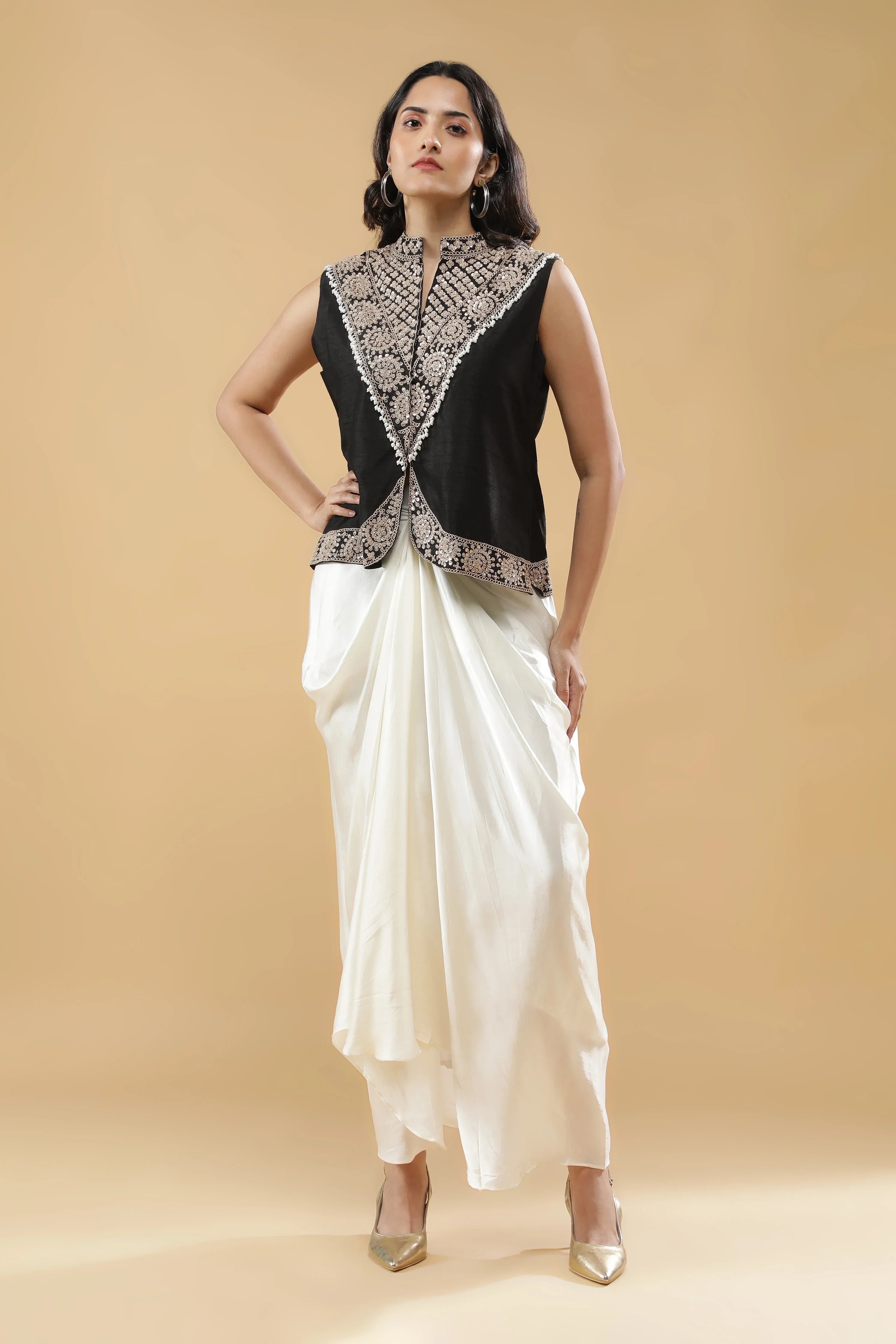 Black Silk Indo-Western Drape Set | Mokshaa