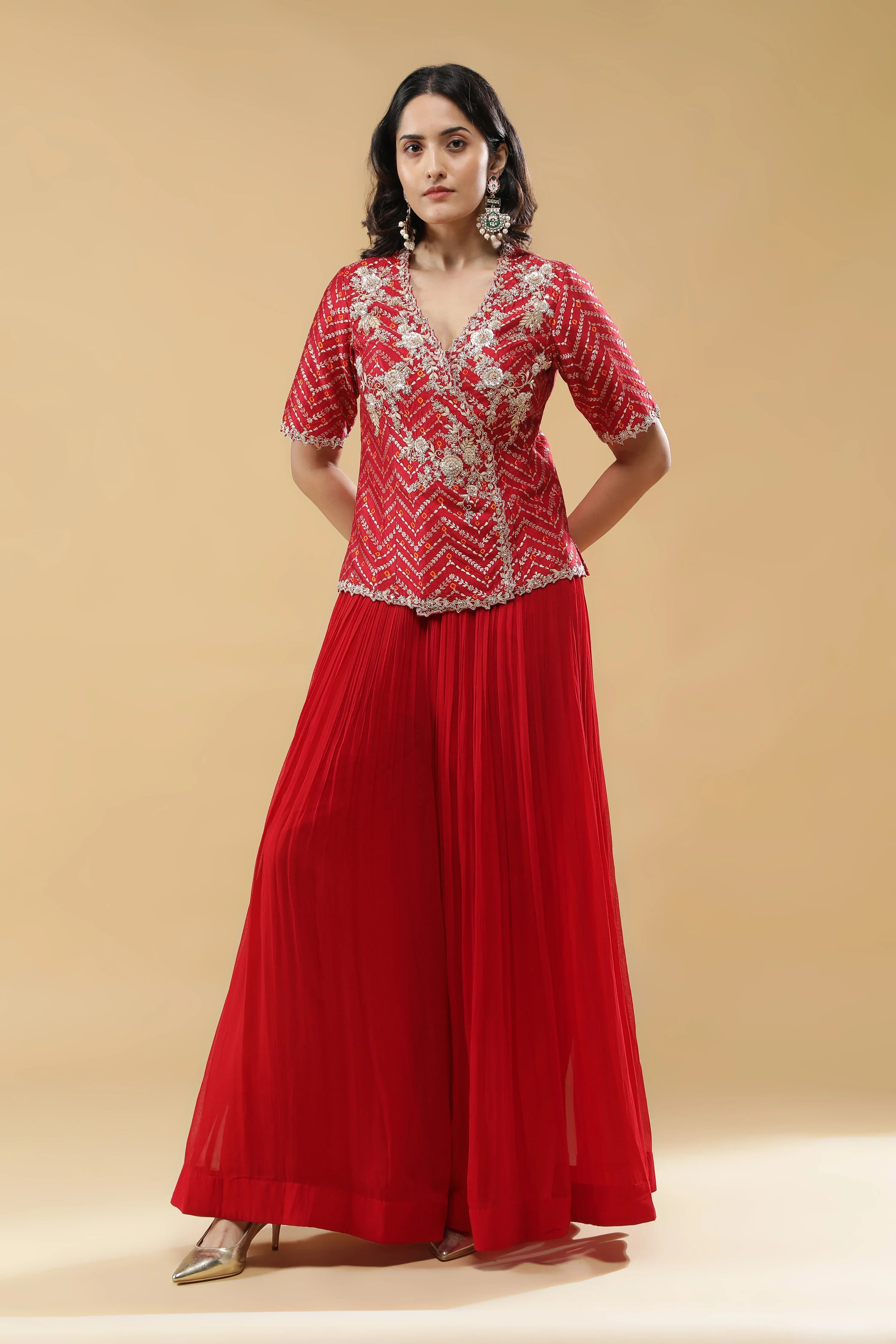 Red Bandhej Silk Peplum Indo-Western | Mokshaa