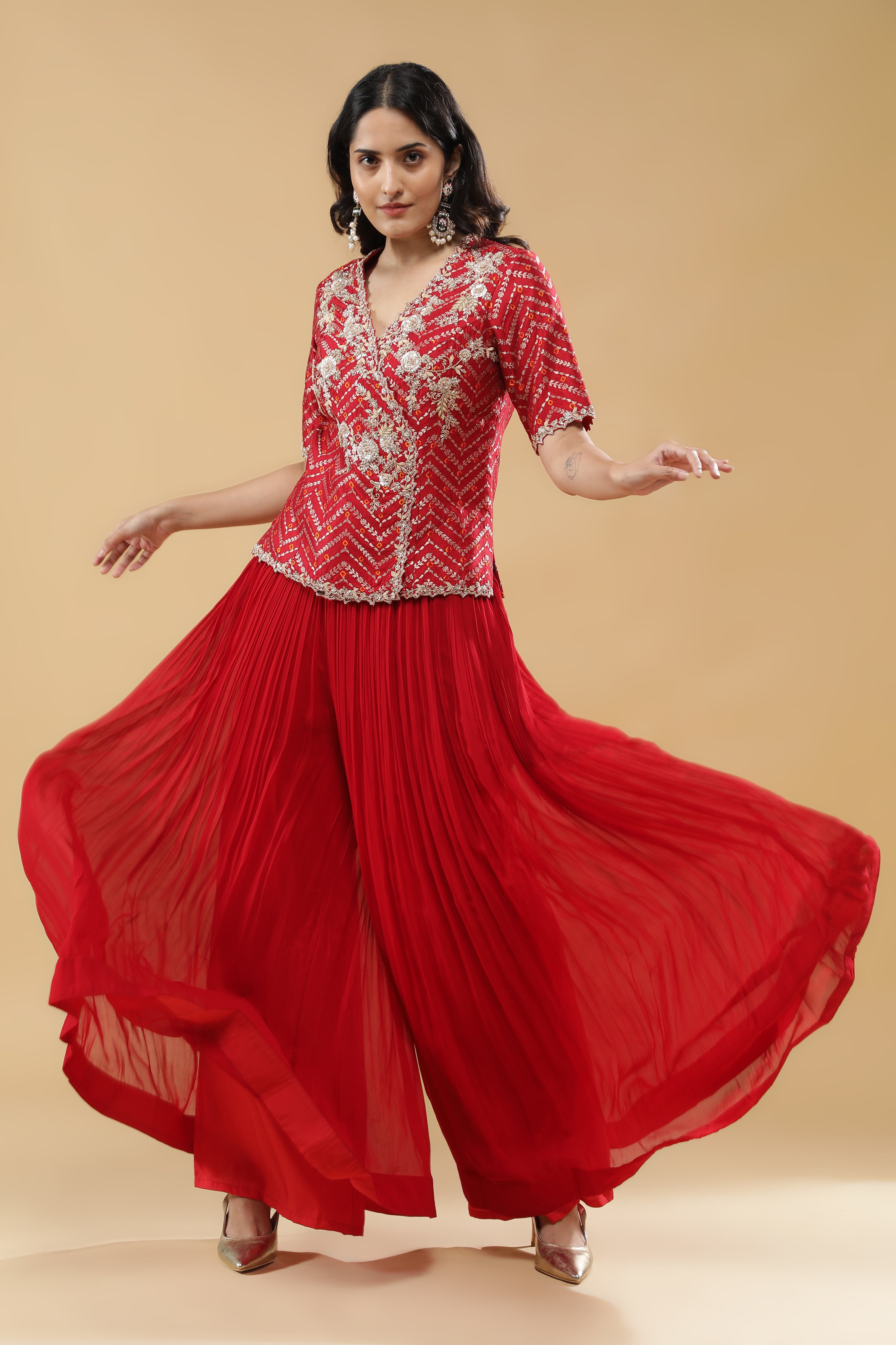 Red Bandhej Silk Peplum Indo-Western