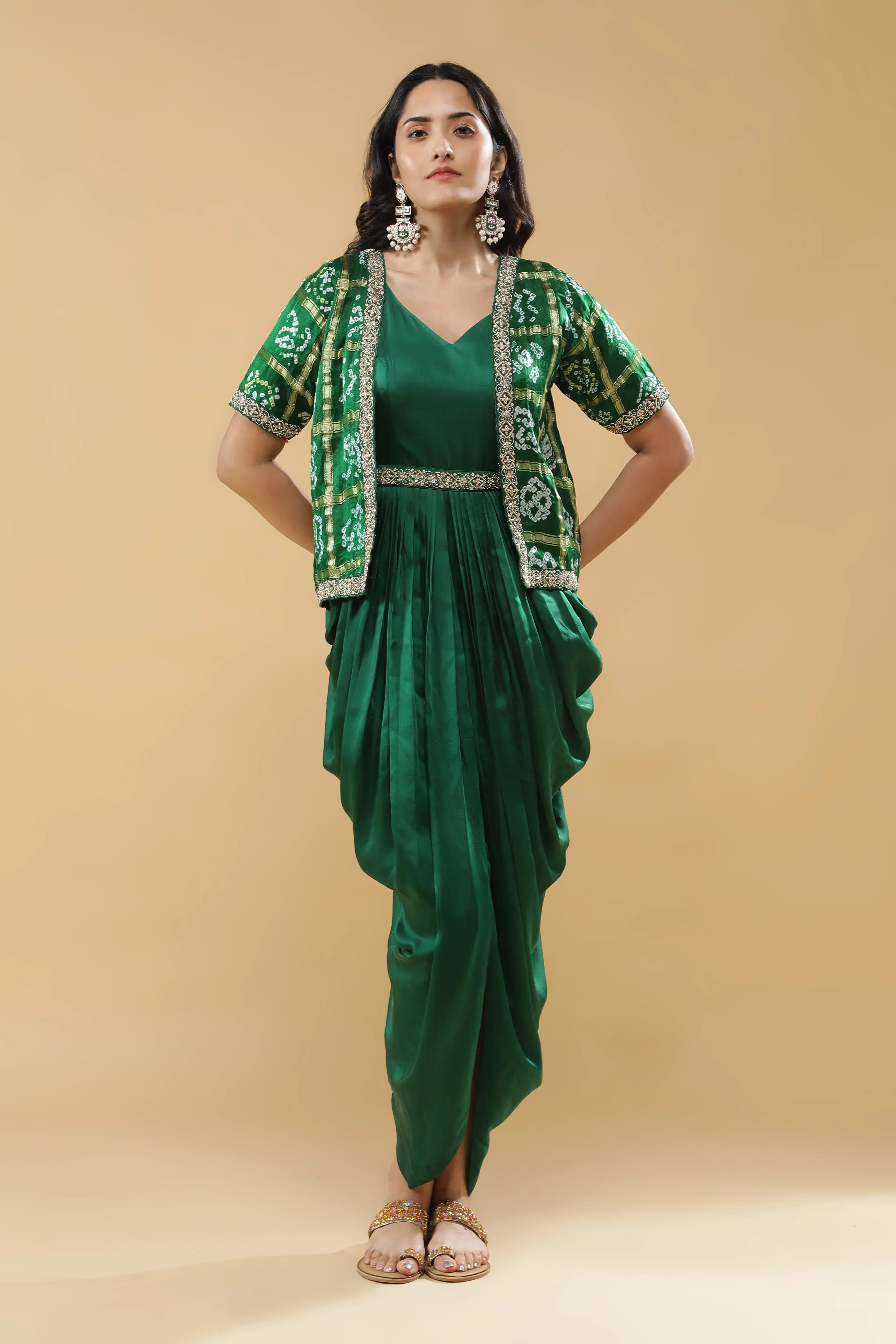 Bottle Green Satin Silk Drape Gown with Bandhej Jacket | Mokshaa