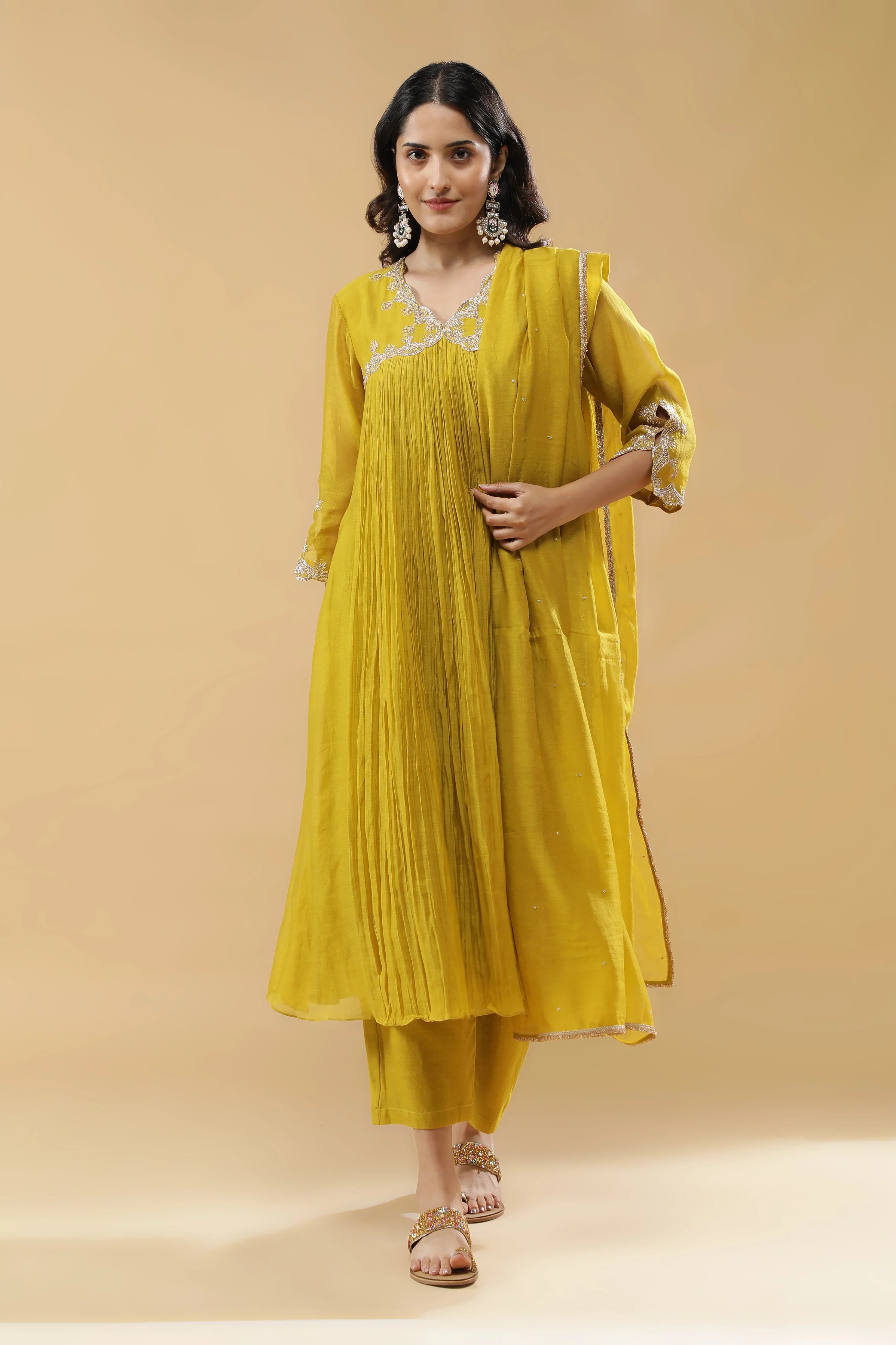 Lime Green Mul Chanderi Anarkali Set | Mokshaa