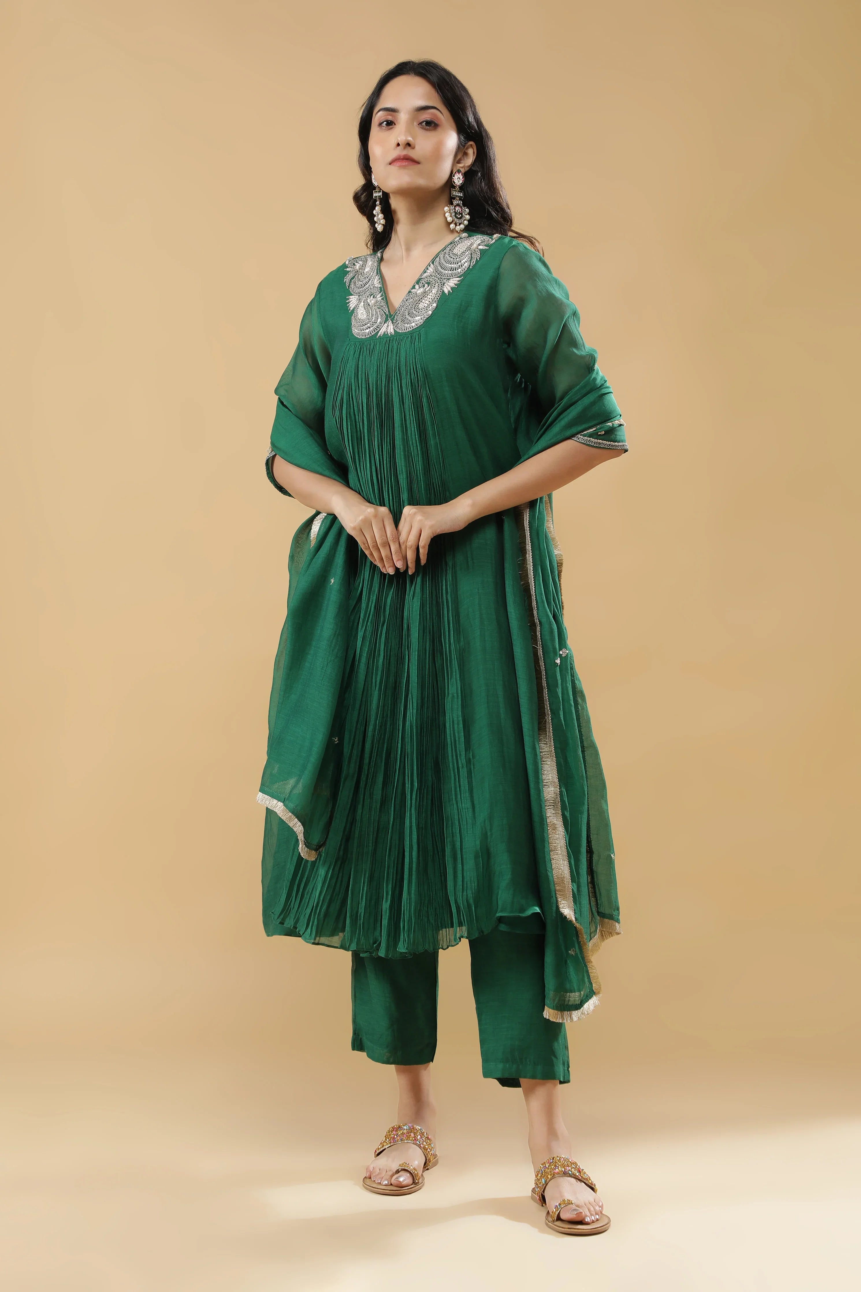 Bottle Green Mul Chanderi Anarkali Set | Mokshaa