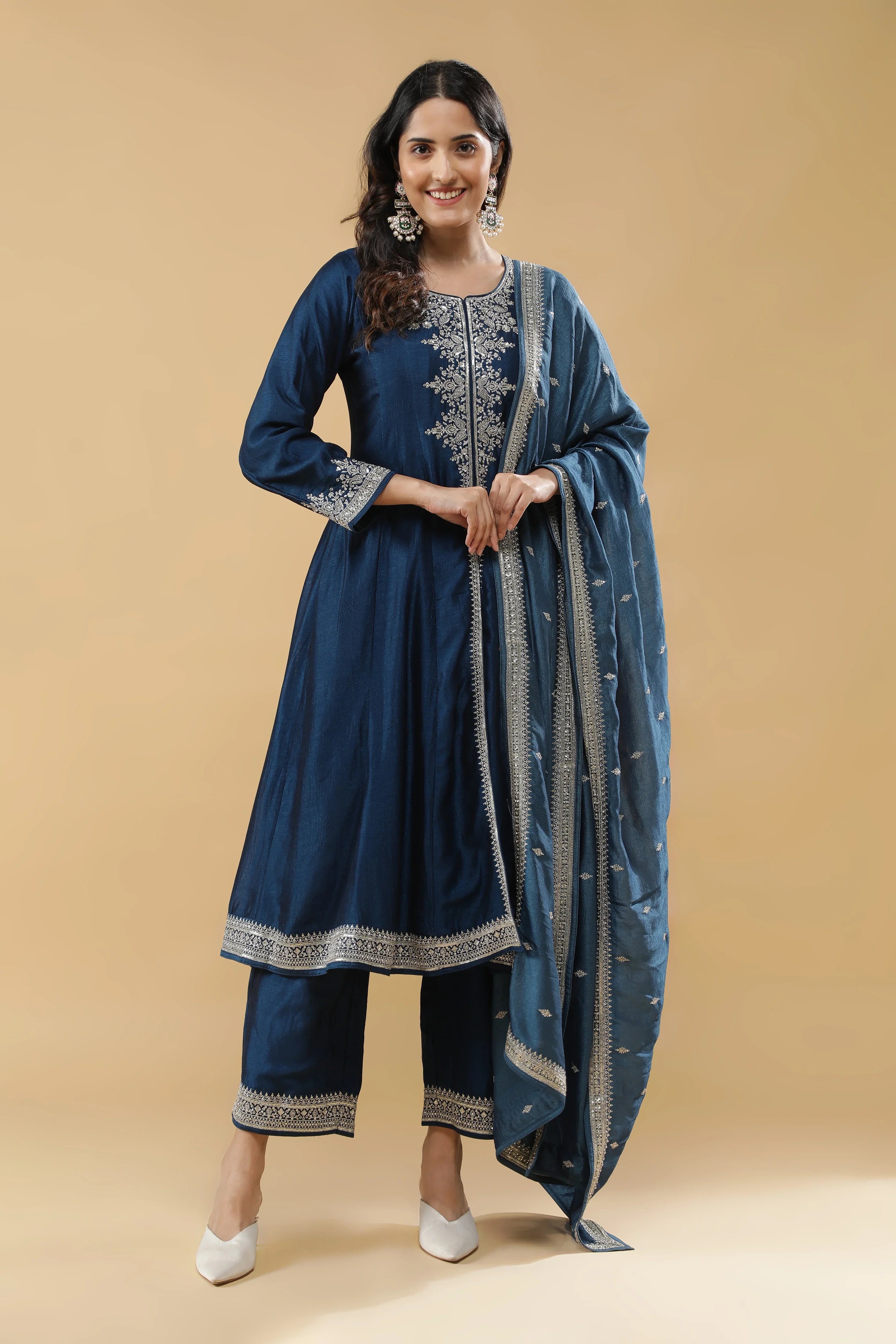 Blue Silk Anarkali Set | Mokshaa