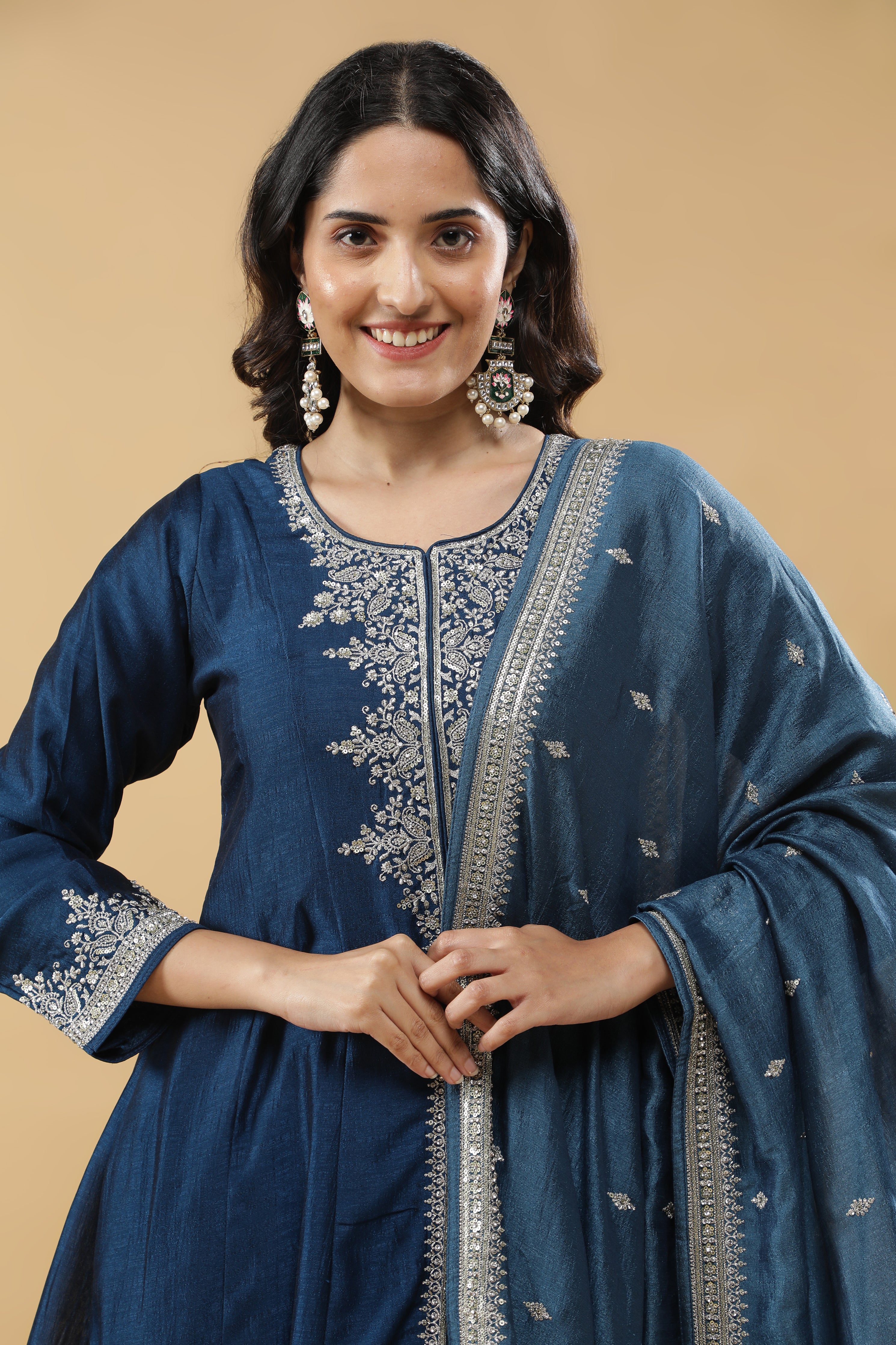 Blue Silk Anarkali Set