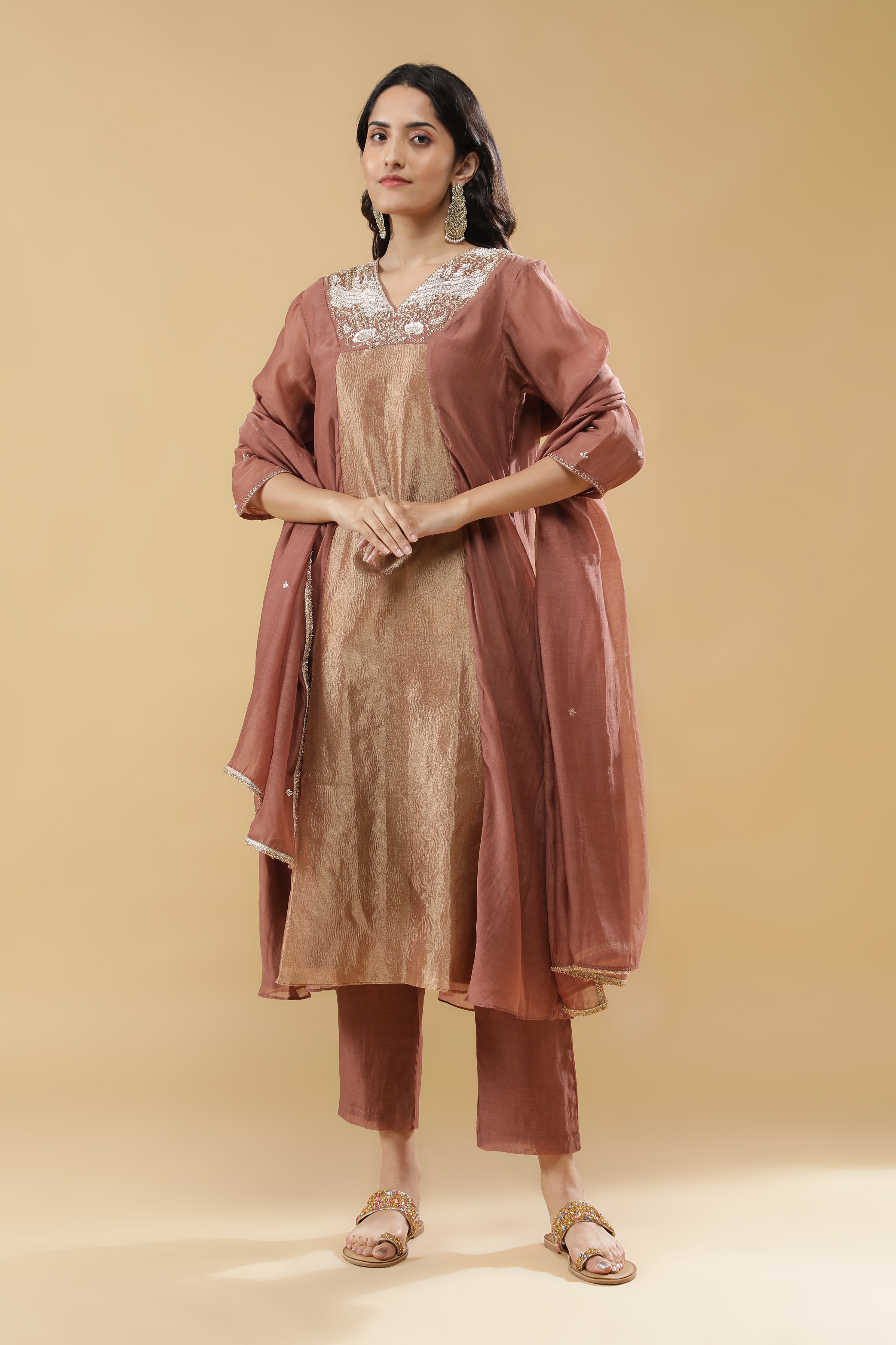 Dusty Rose & Beige Mul Cotton Anarkali Set