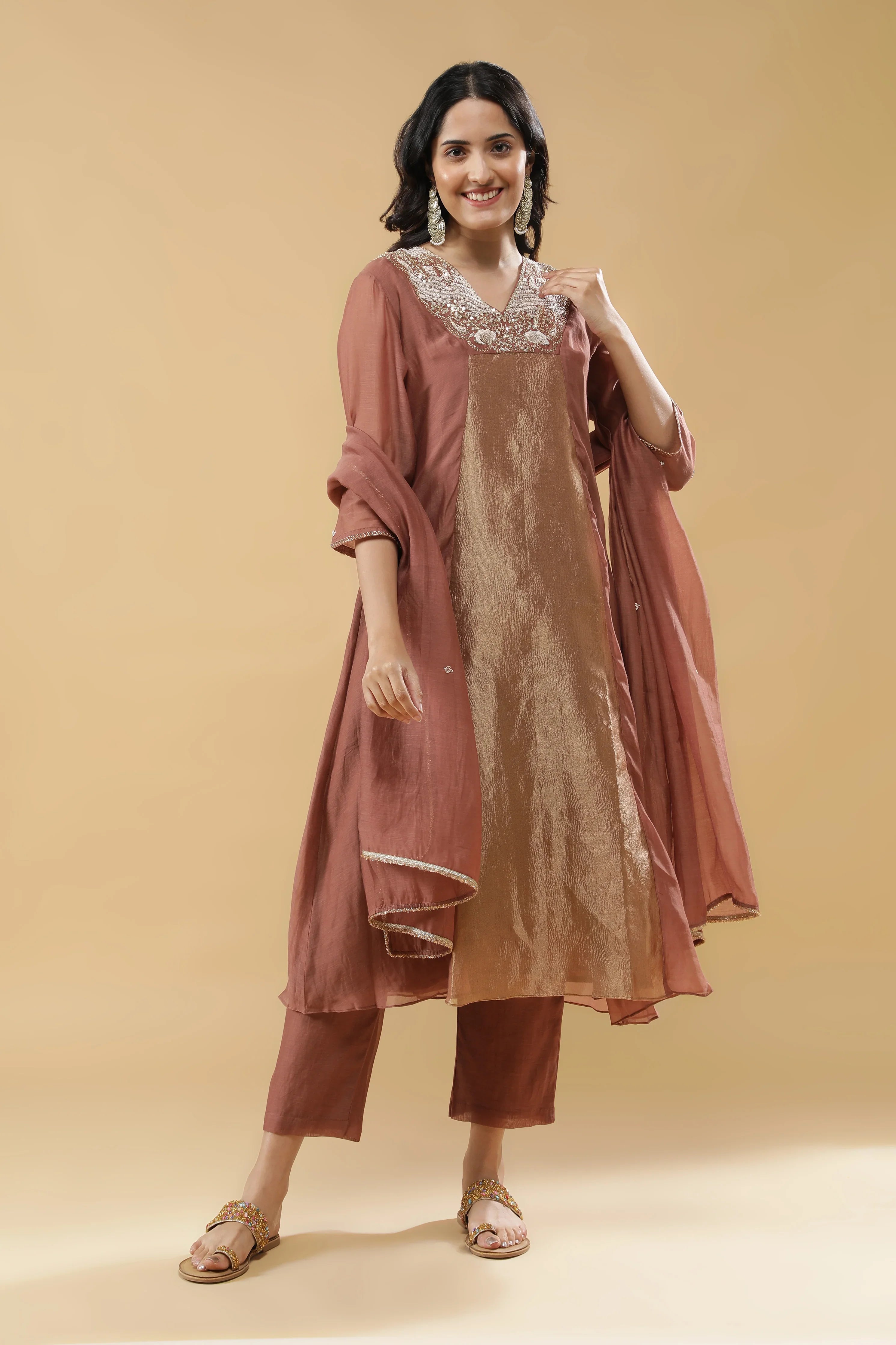 Dusty Rose & Beige Mul Cotton Anarkali Set | Mokshaa
