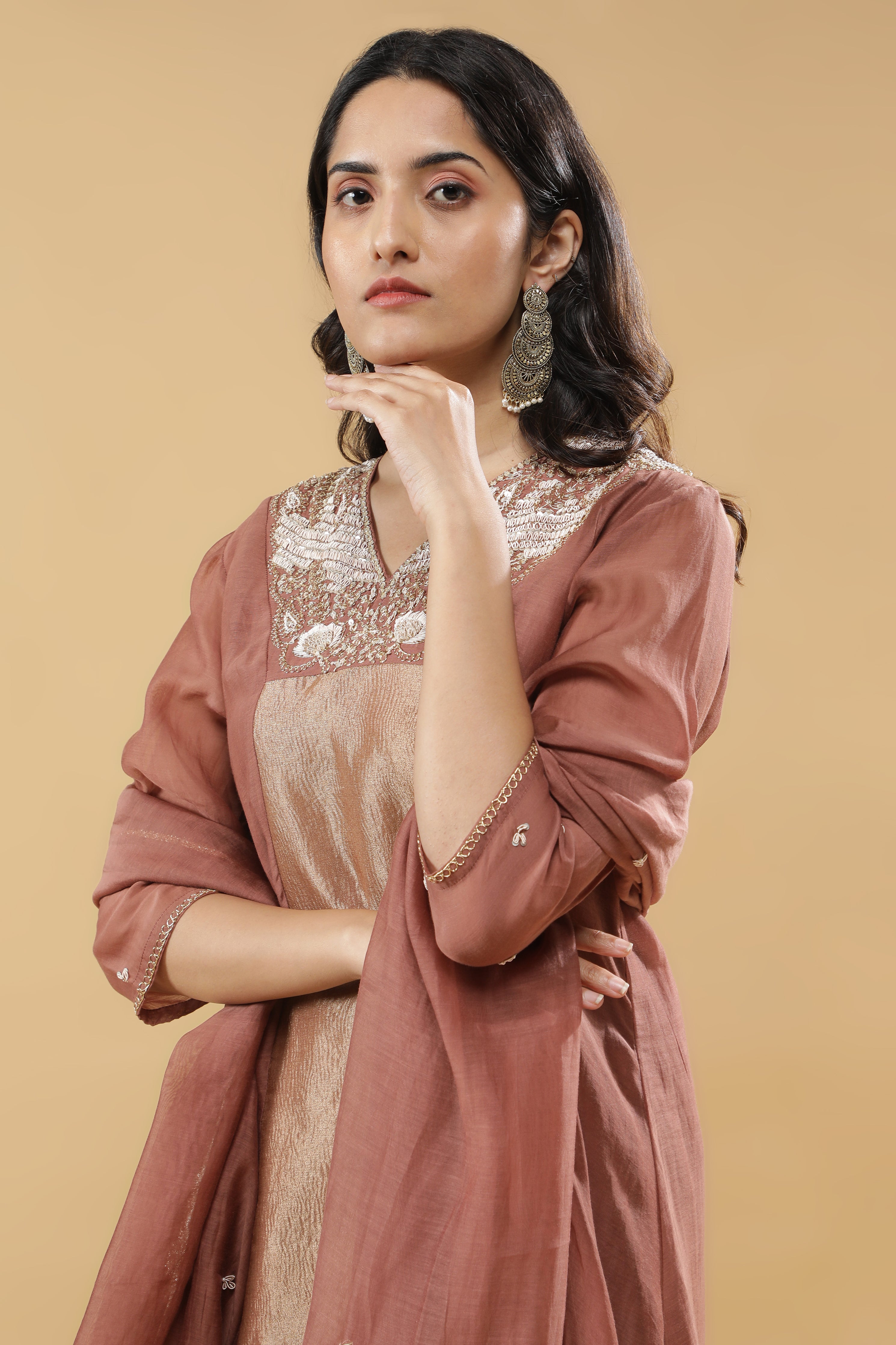Dusty Rose & Beige Mul Cotton Anarkali Set