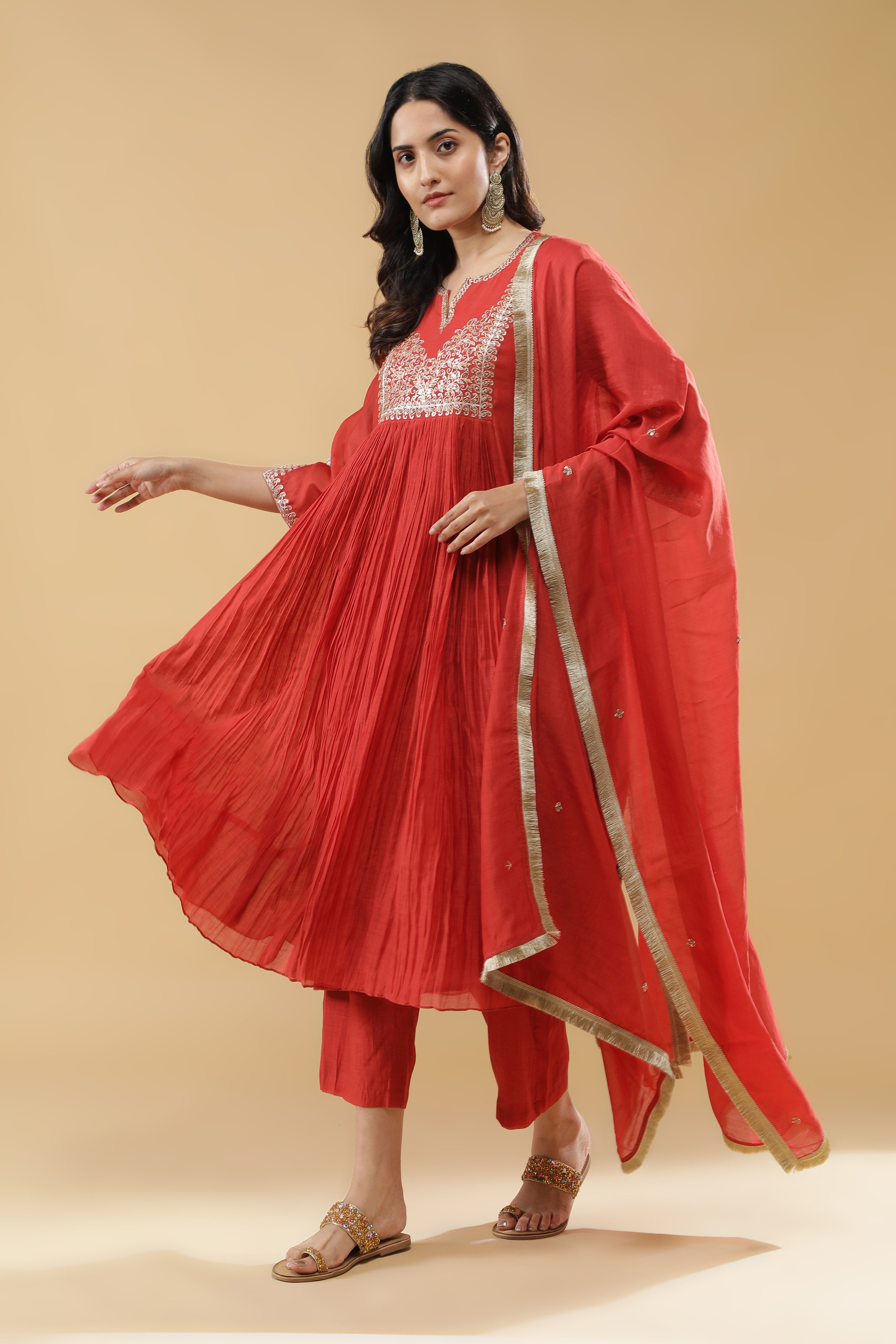 Terracotta Red Mul Cotton Anarkali Set