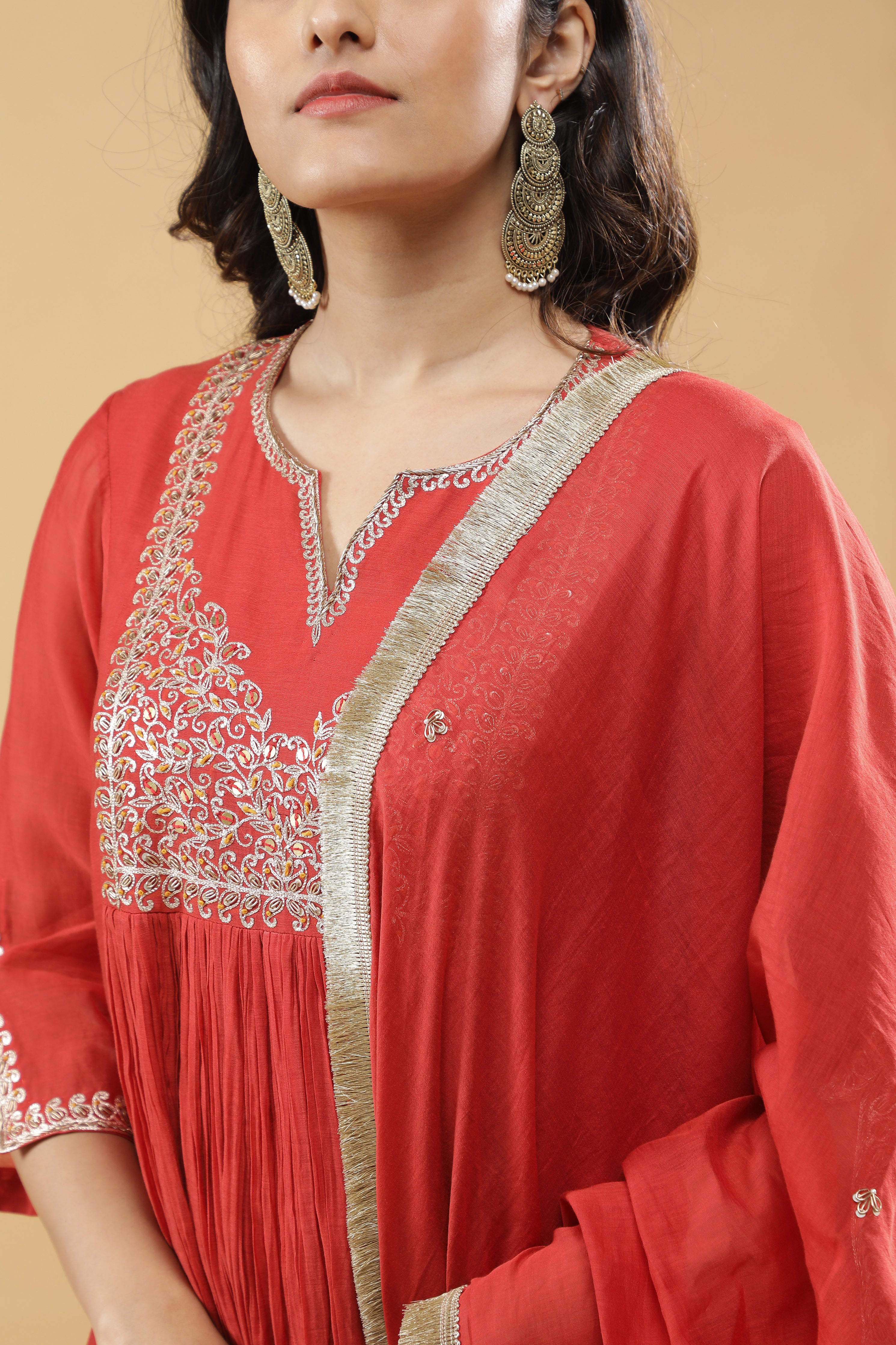 Terracotta Red Mul Cotton Anarkali Set