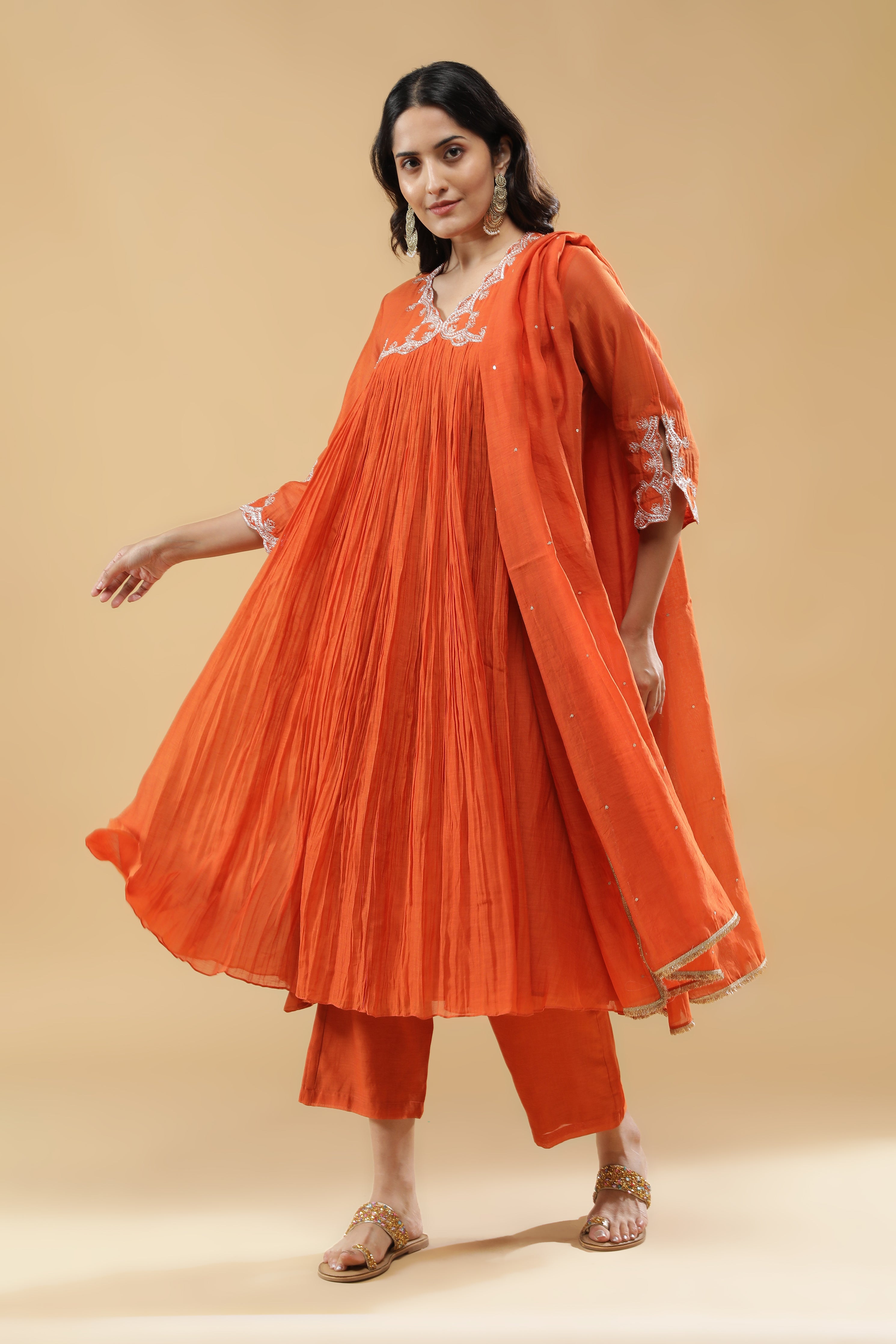 Rust Orange Mul Cotton Anarkali Set