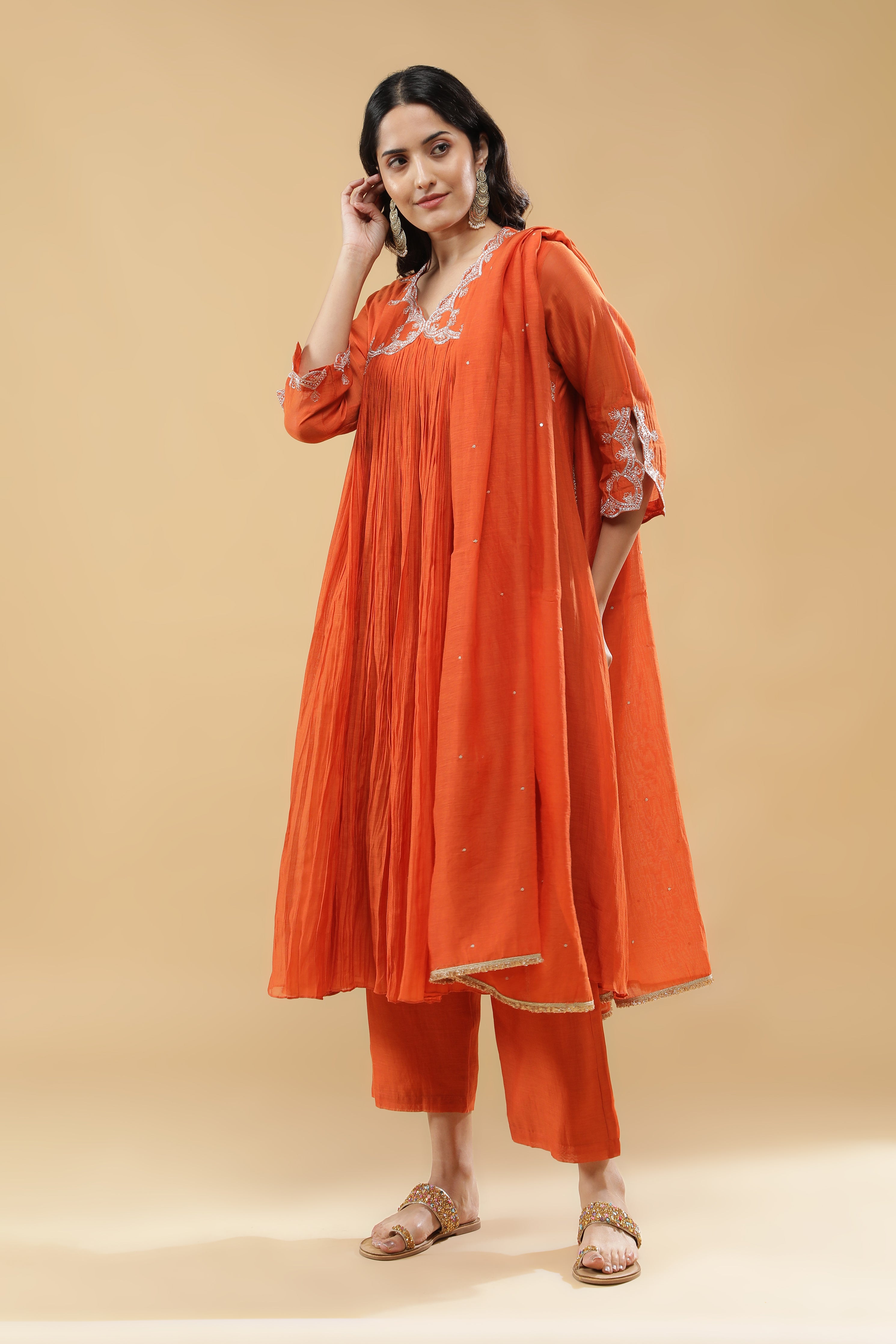 Rust Orange Mul Cotton Anarkali Set