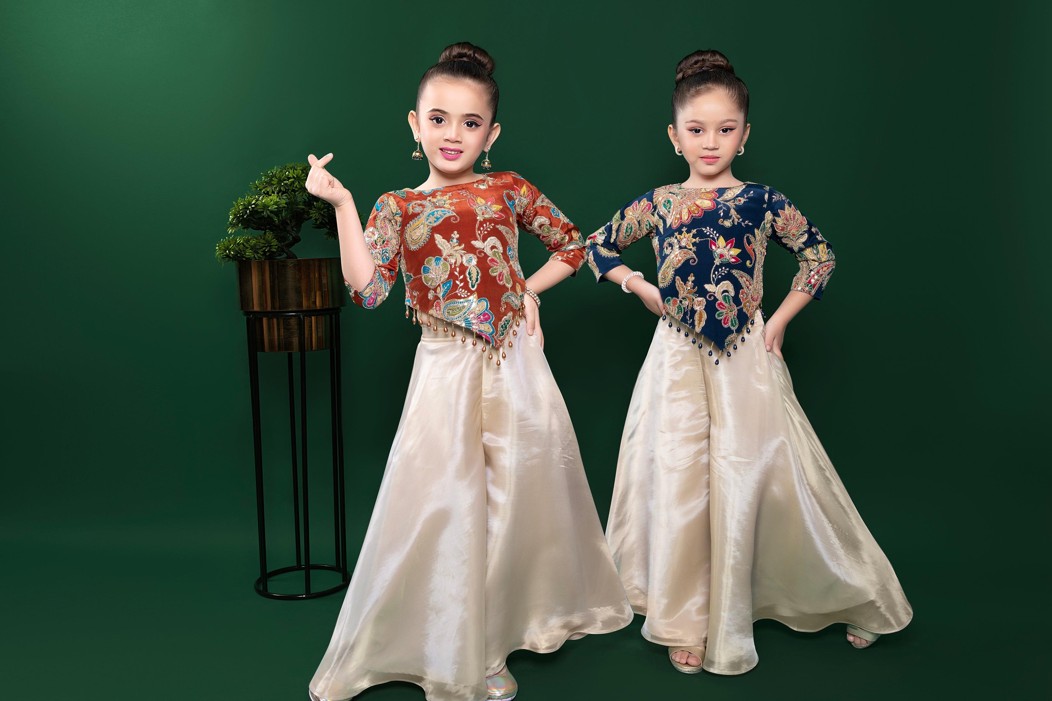 Navy Blue Embroidered Top with Cream Flowy Palazzo Set  Mokshaa