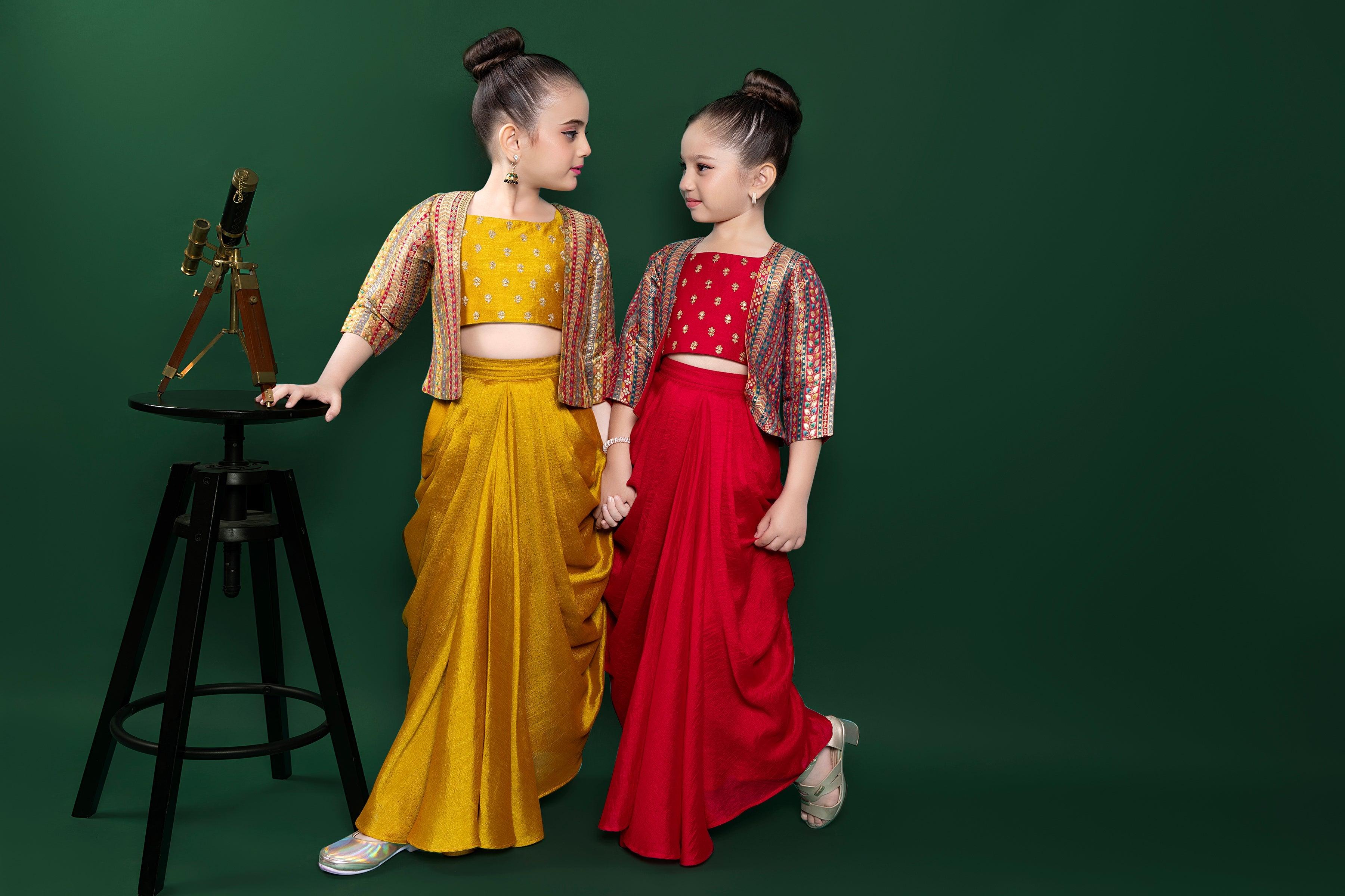 Crimson Foil-Printed Skirt Set with Brocade Jacket  Mokshaa