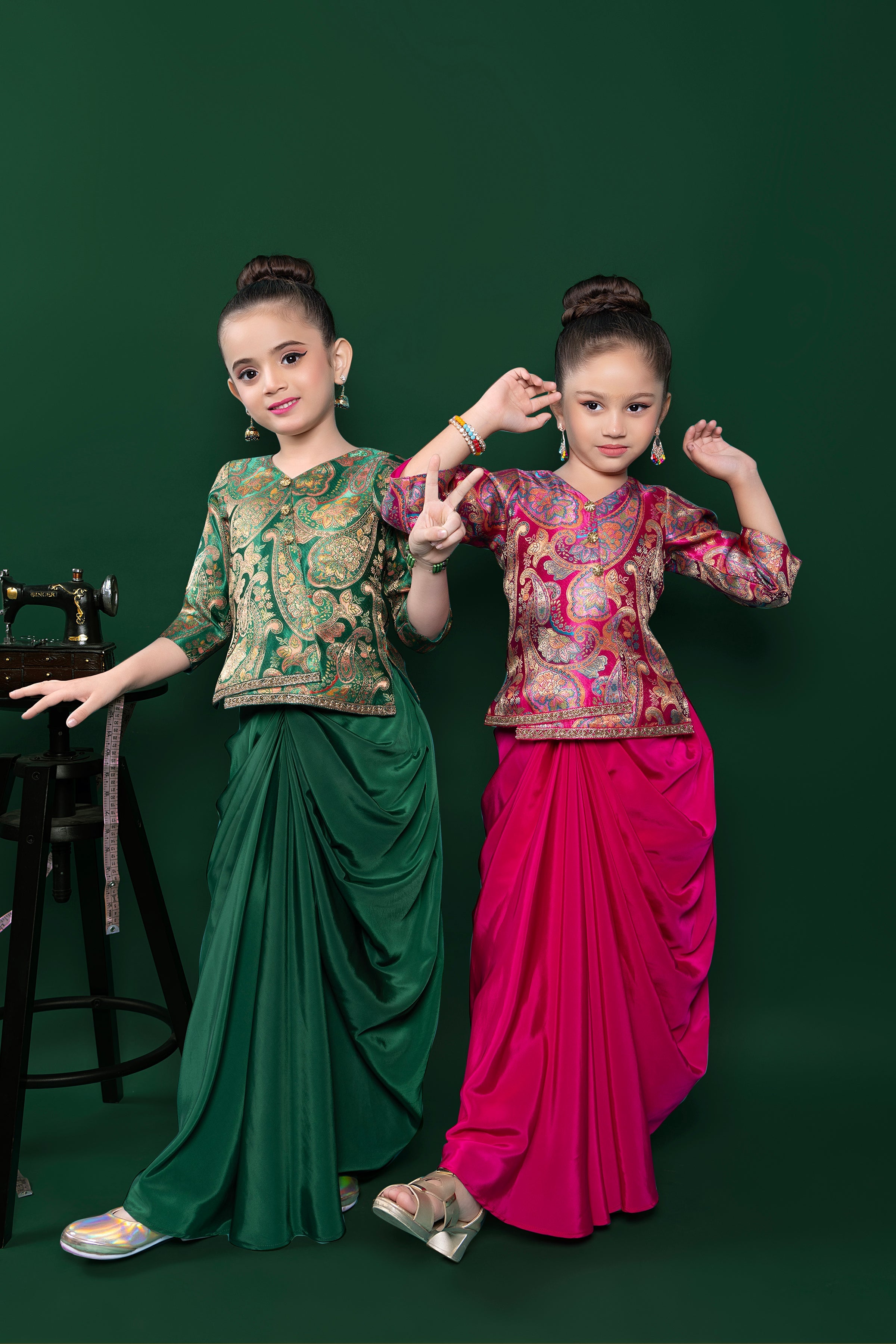 Magenta Drape Skirt with Brocade Top Set Mokshaa
