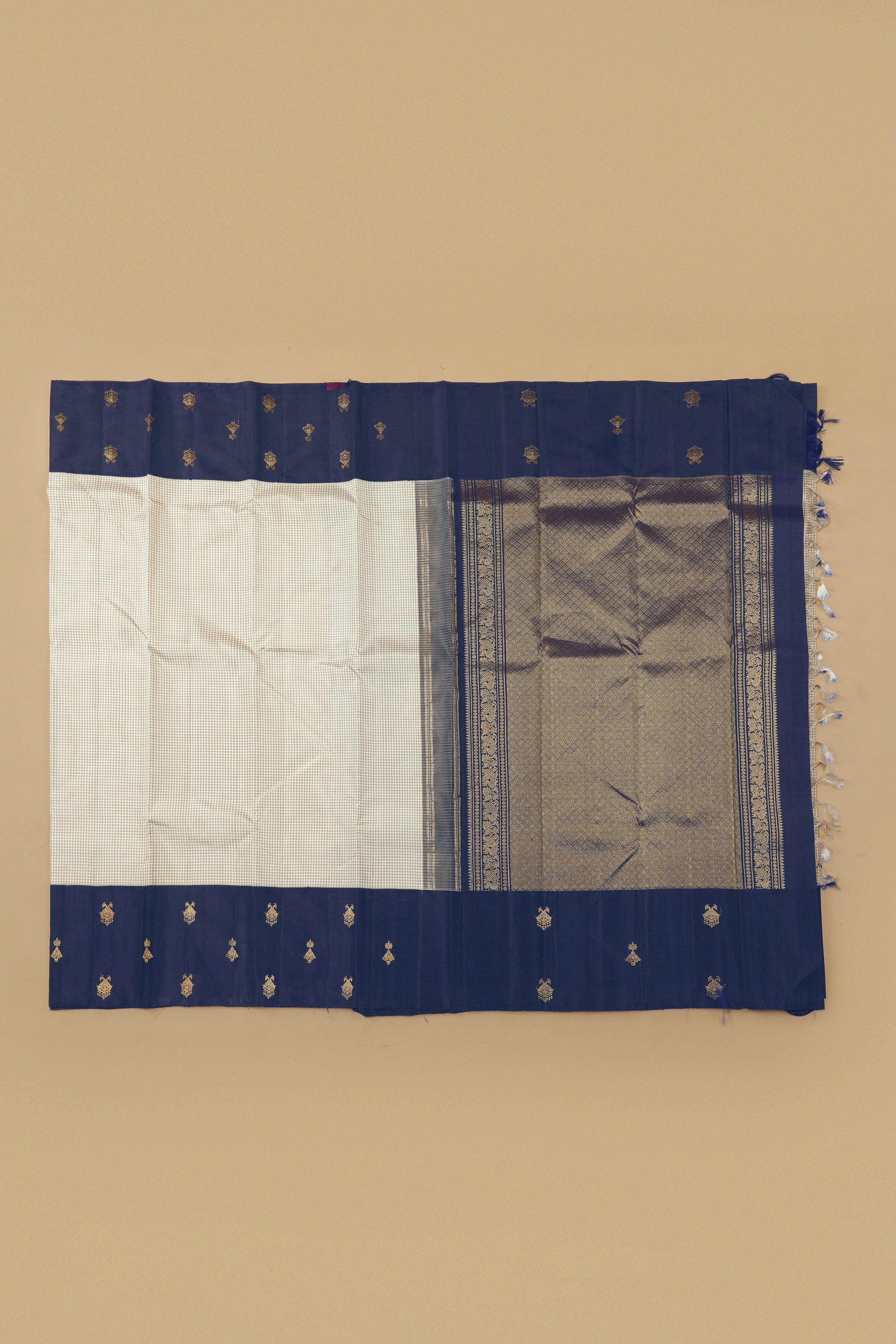 Beige Kanchipuram Silk Saree with Gingham Checks and Blue Zari Border  Mokshaa