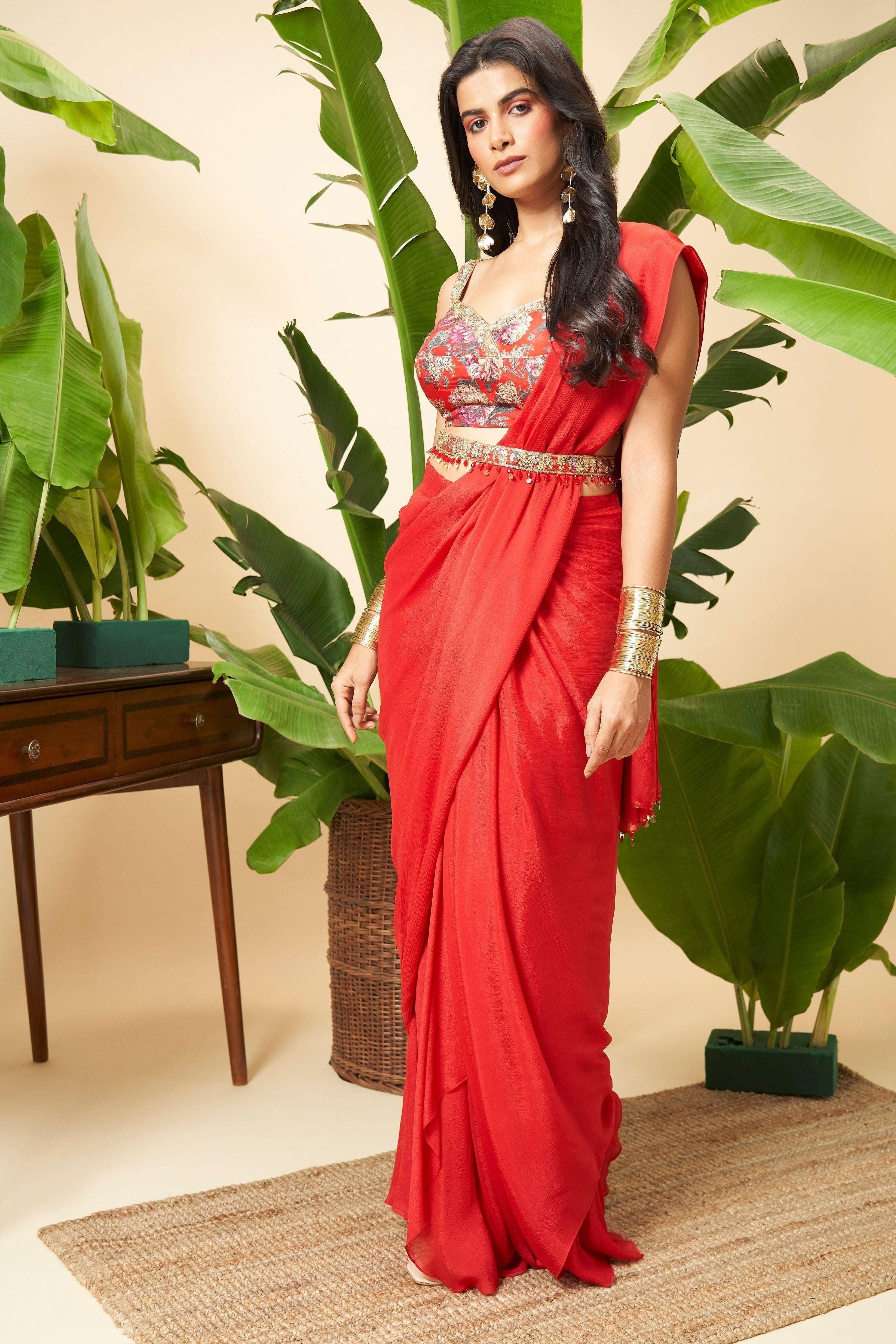 Fiery Red Draped Saree with Embroidered Blouse Mokshaa