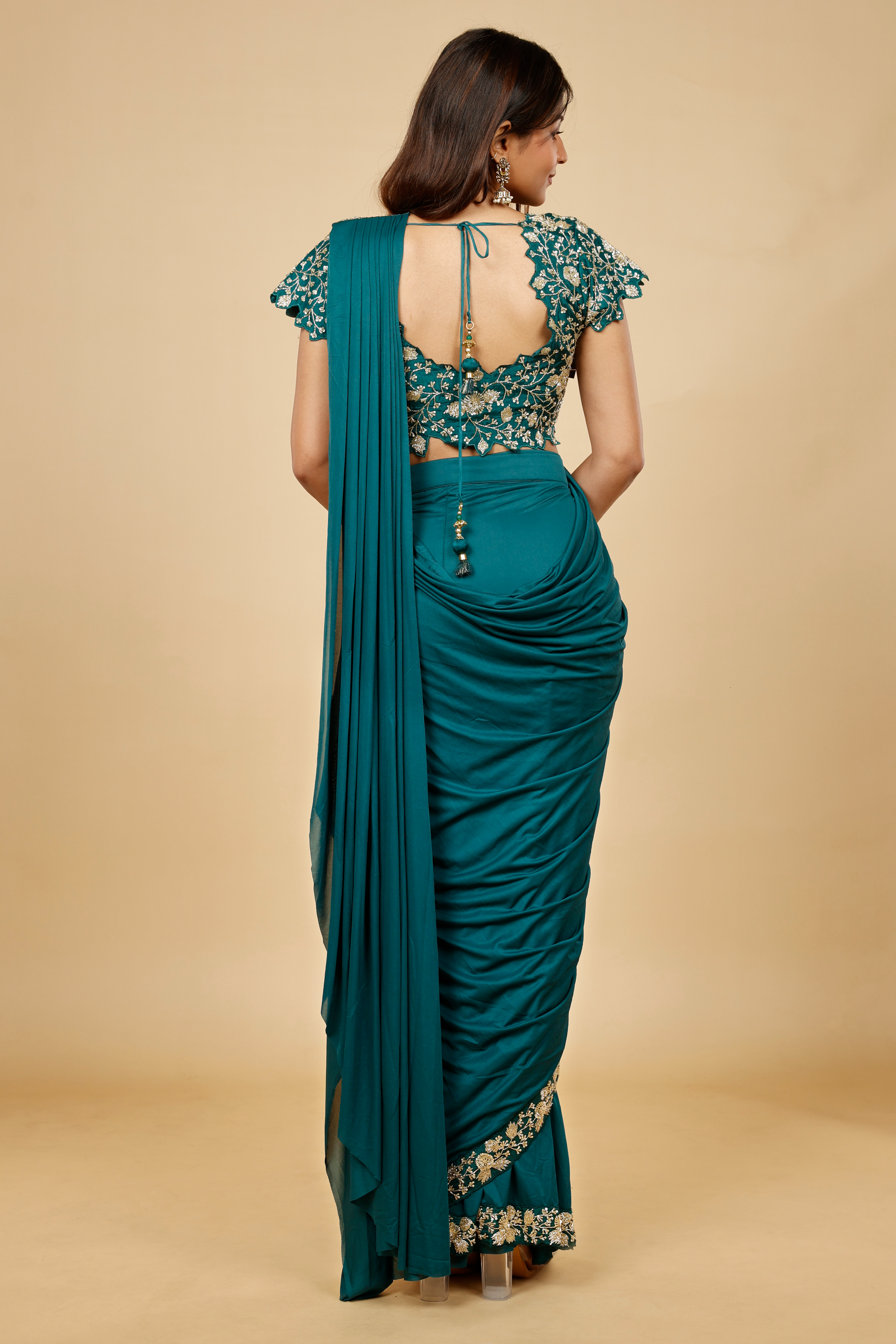 Emerald Green Lycra Silk Drape Saree with Kutdana Embroidery