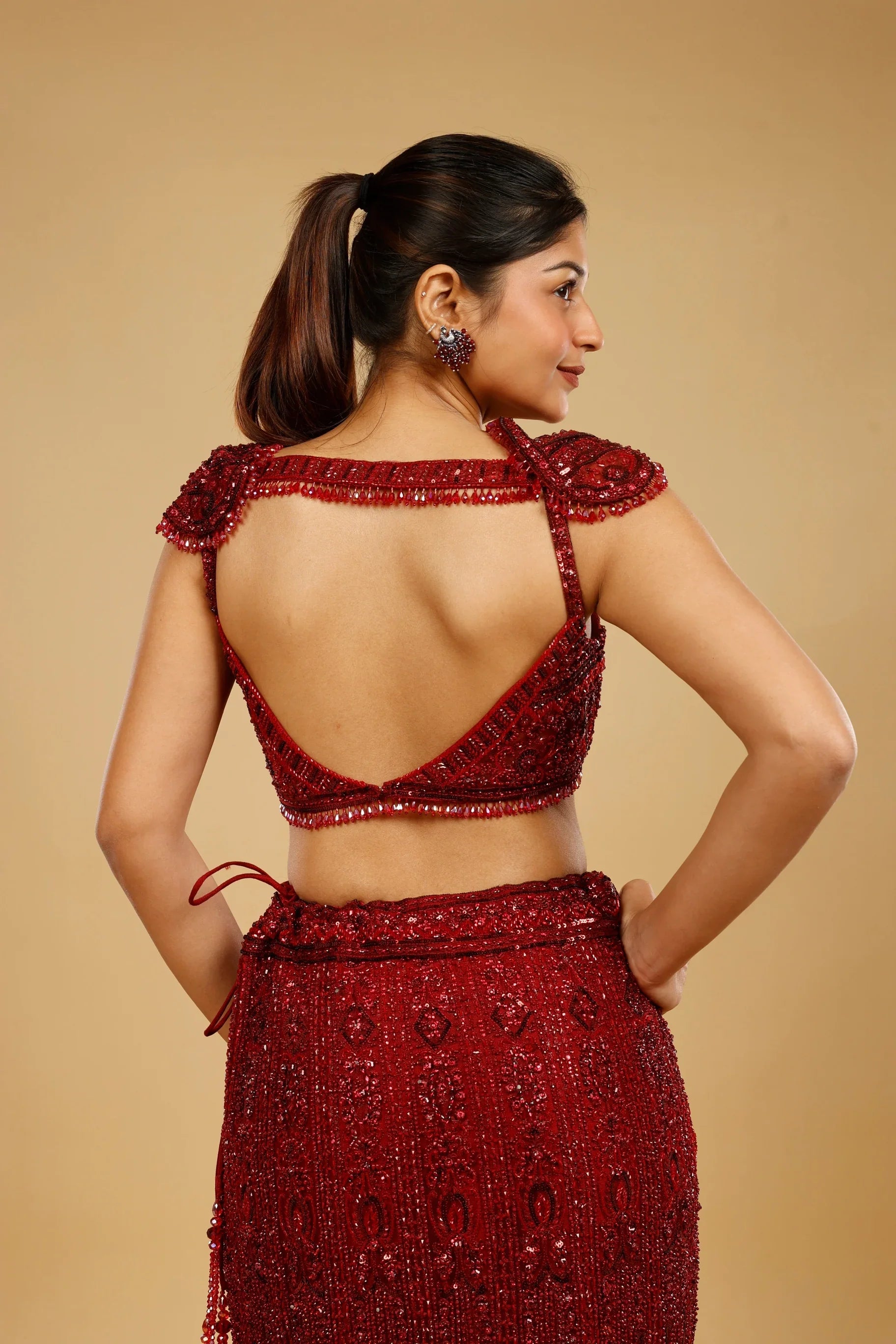 Maroon Hand-Embroidered Mermaid Lehenga Set - Mokshaa