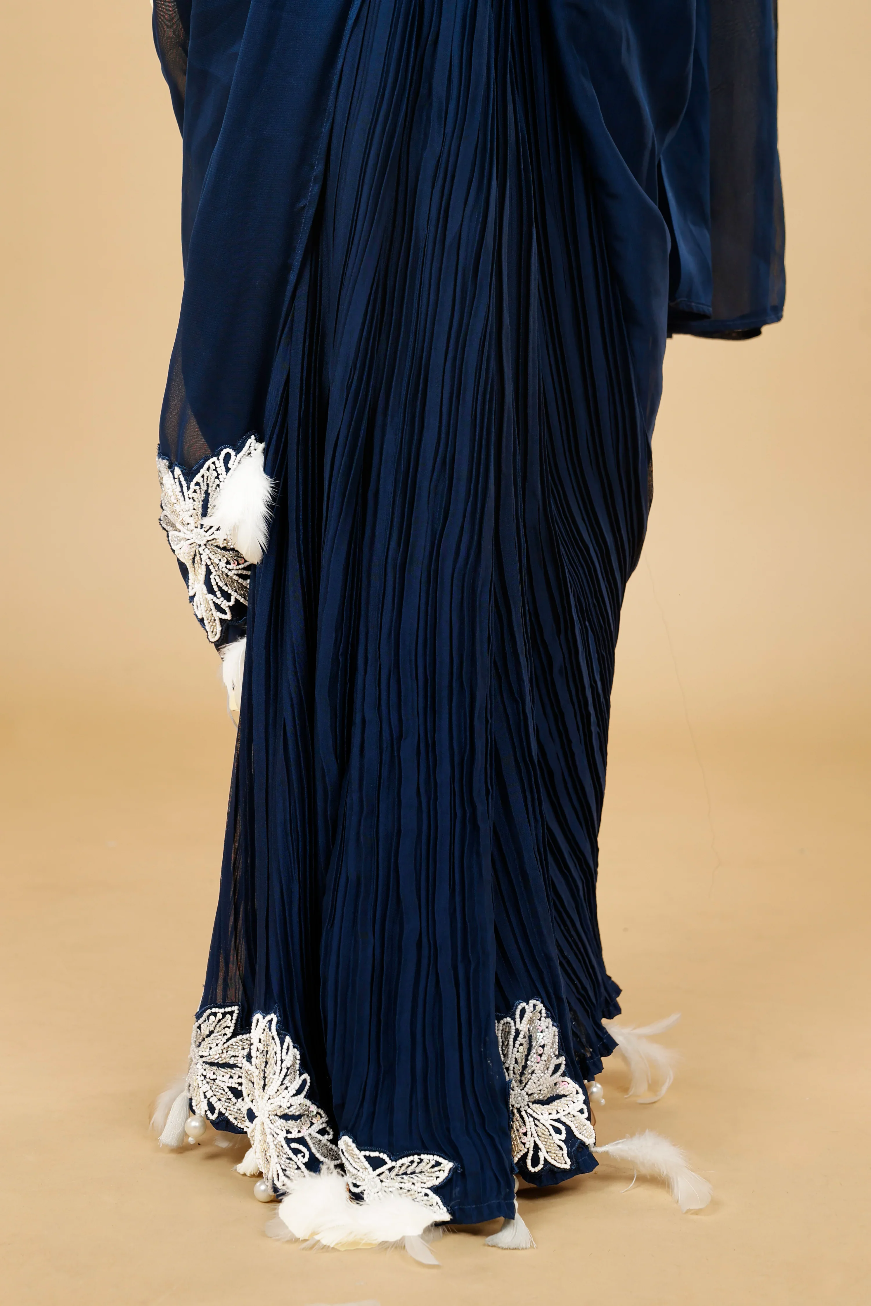 Navy Blue Organza Drape Saree with Kutdana & Pearl Embroidery - Mokshaa
