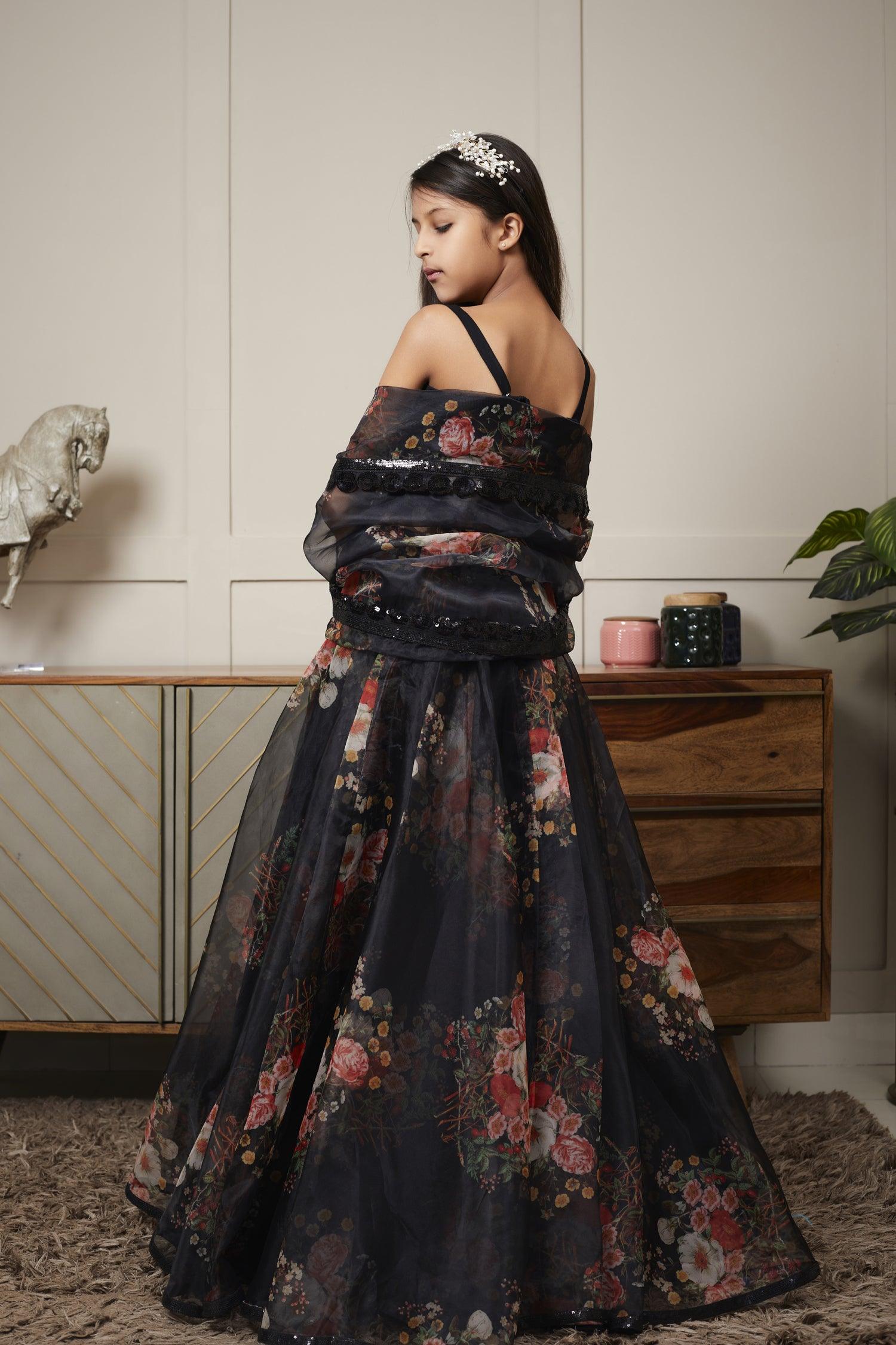 Black Crop Top with Printed Skirt - Mokshaa