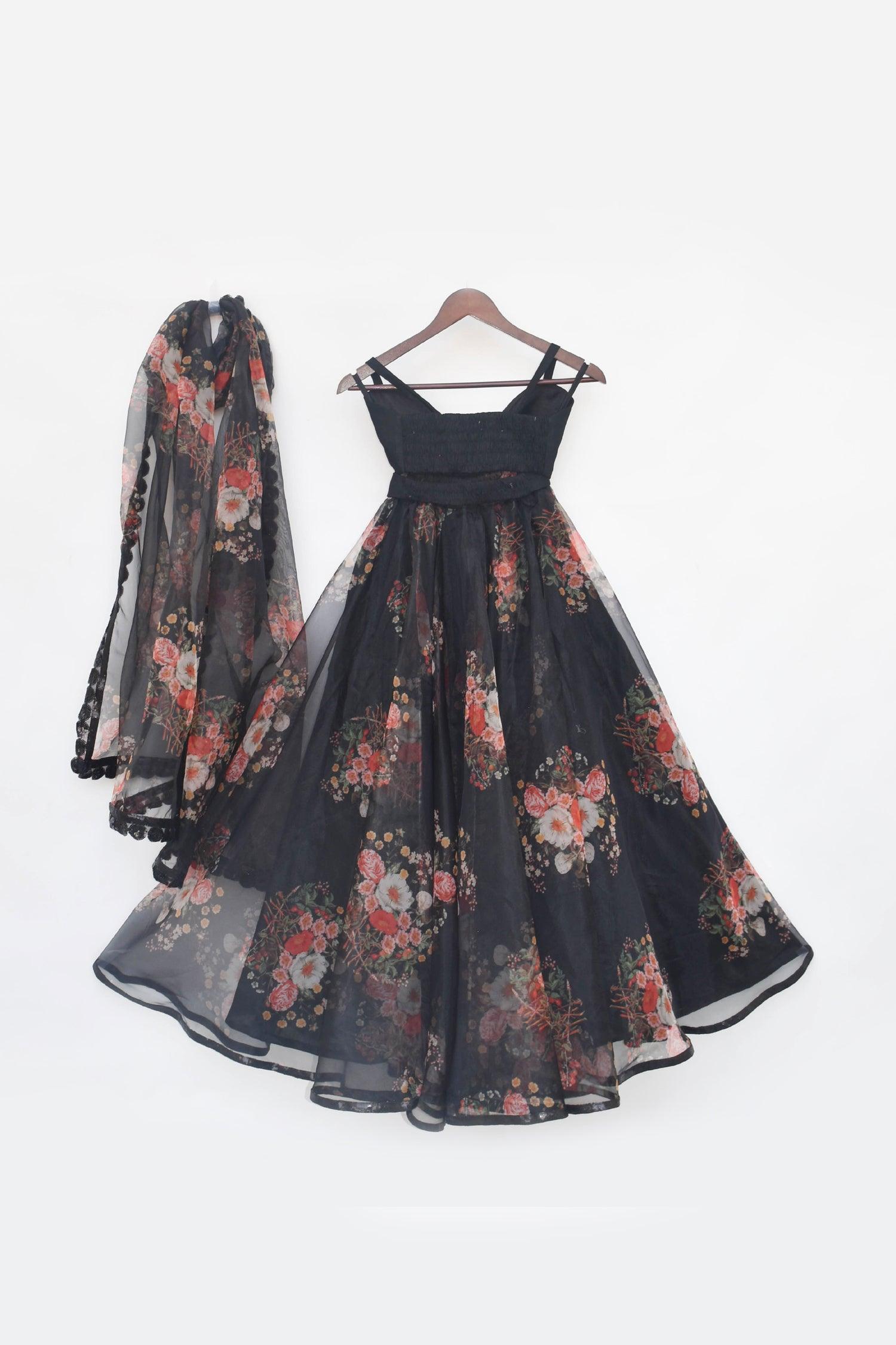 Black Crop Top with Printed Skirt - Mokshaa