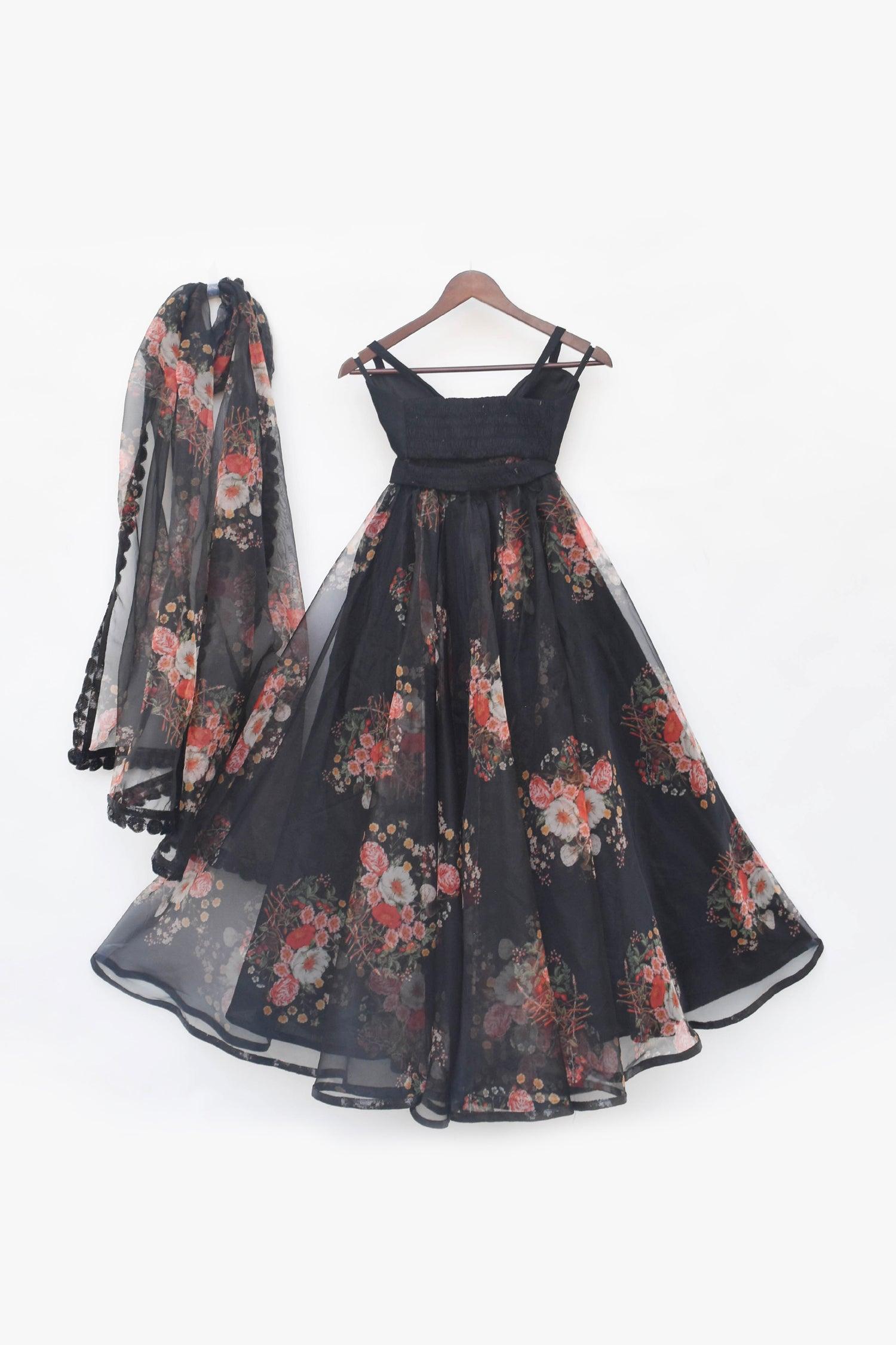 Black Crop Top with Printed Skirt - Mokshaa