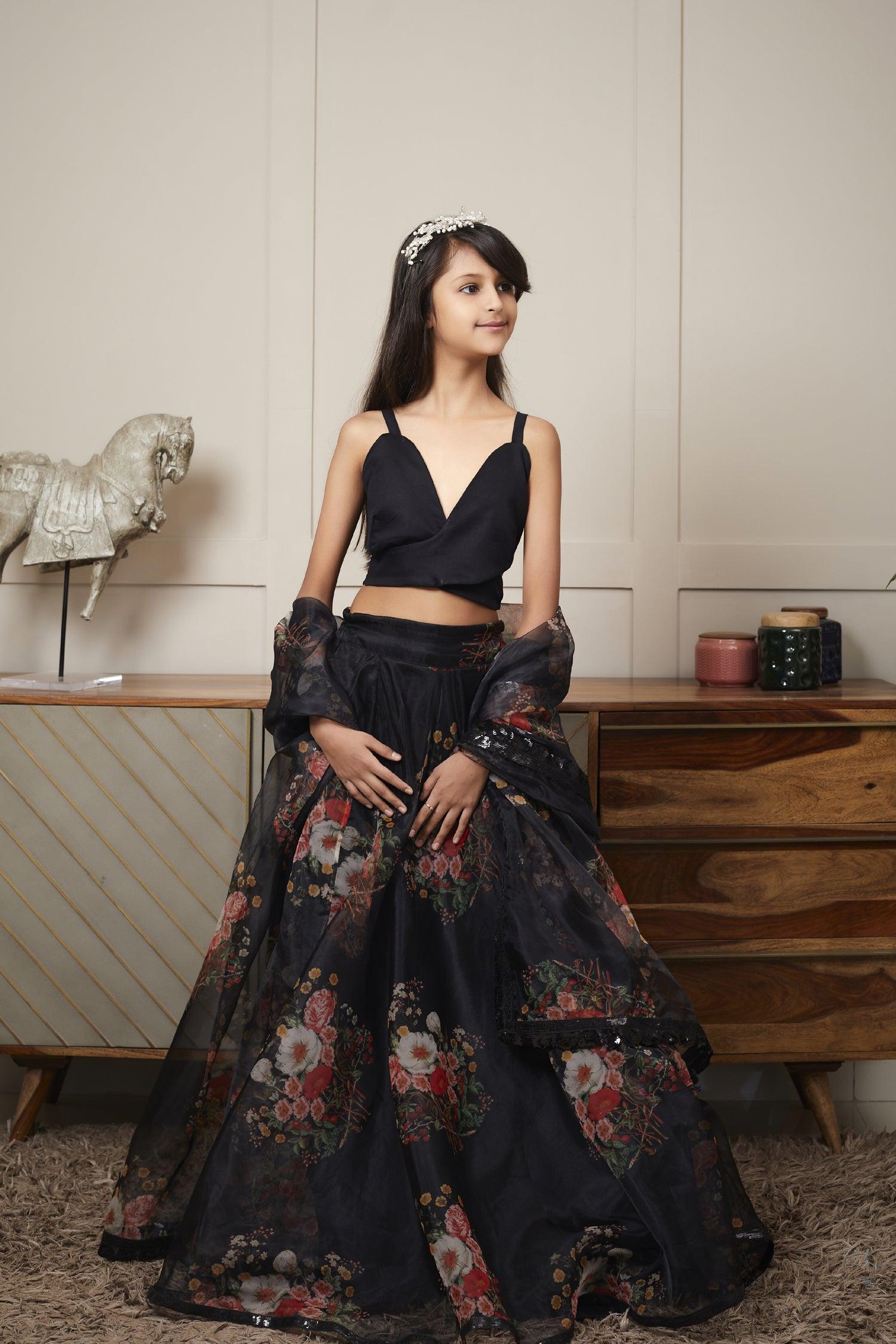 Black Crop Top with Printed Skirt - Mokshaa