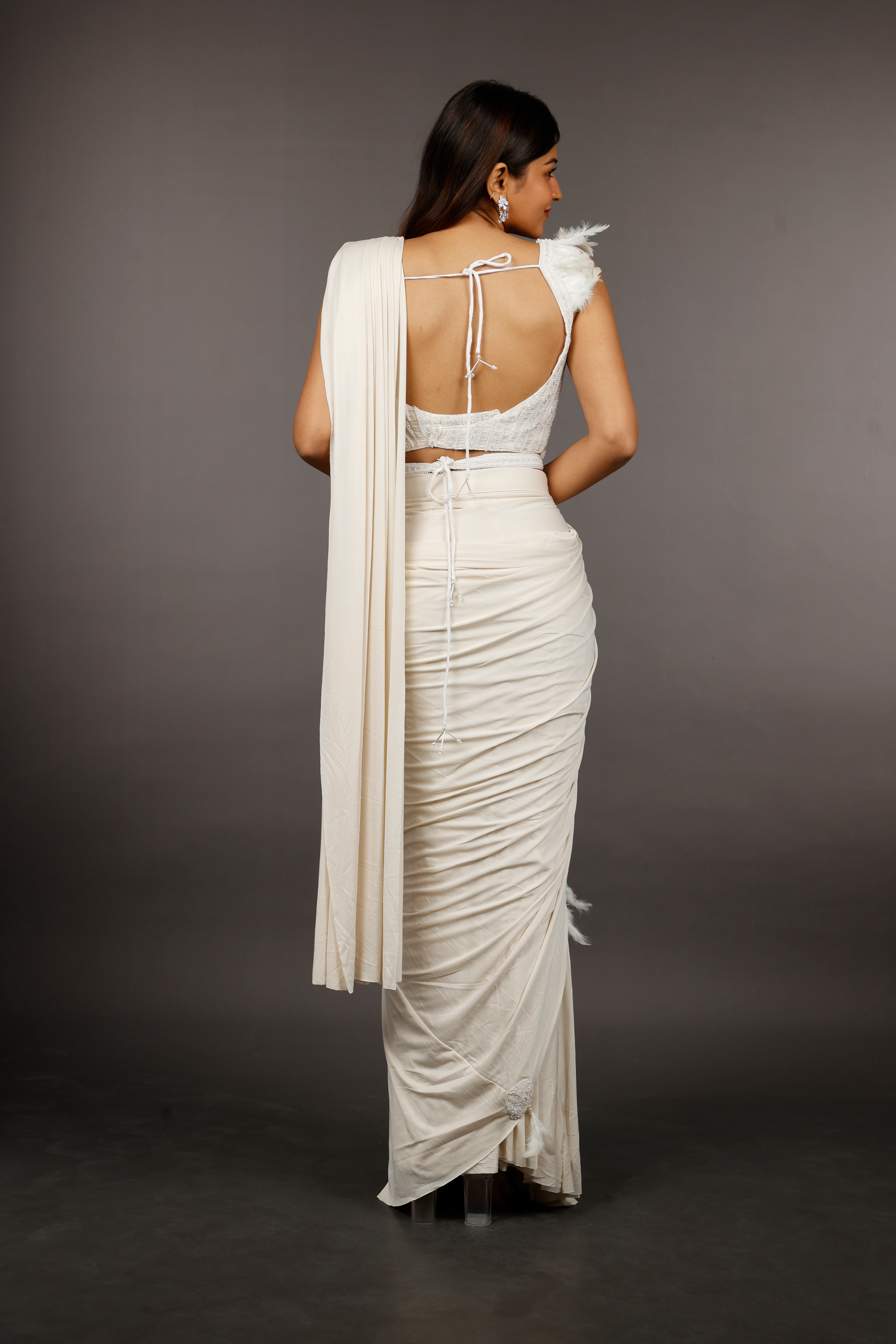 Ivory Lycra Silk Drape Saree with Feather and Pearl Embroidery