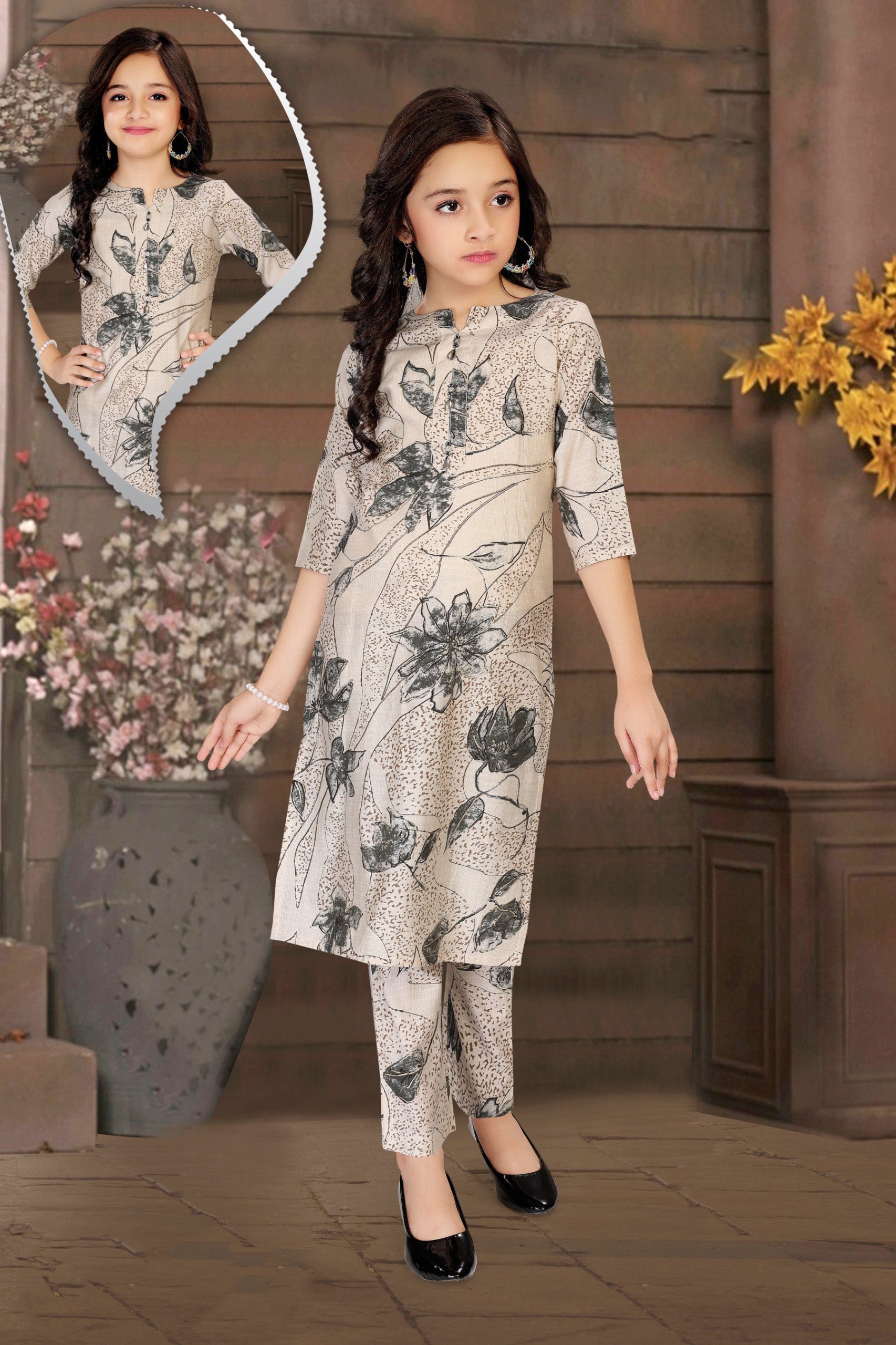 Cream Floral Printed Kurti with Pant Set for Girls